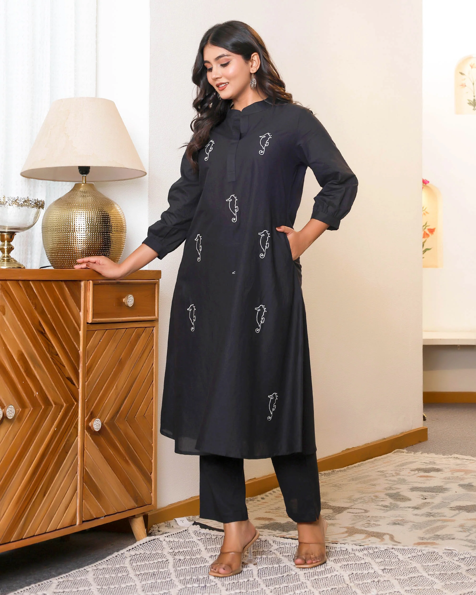 Black Base With Delicate White Floral Embroidery - Image 8