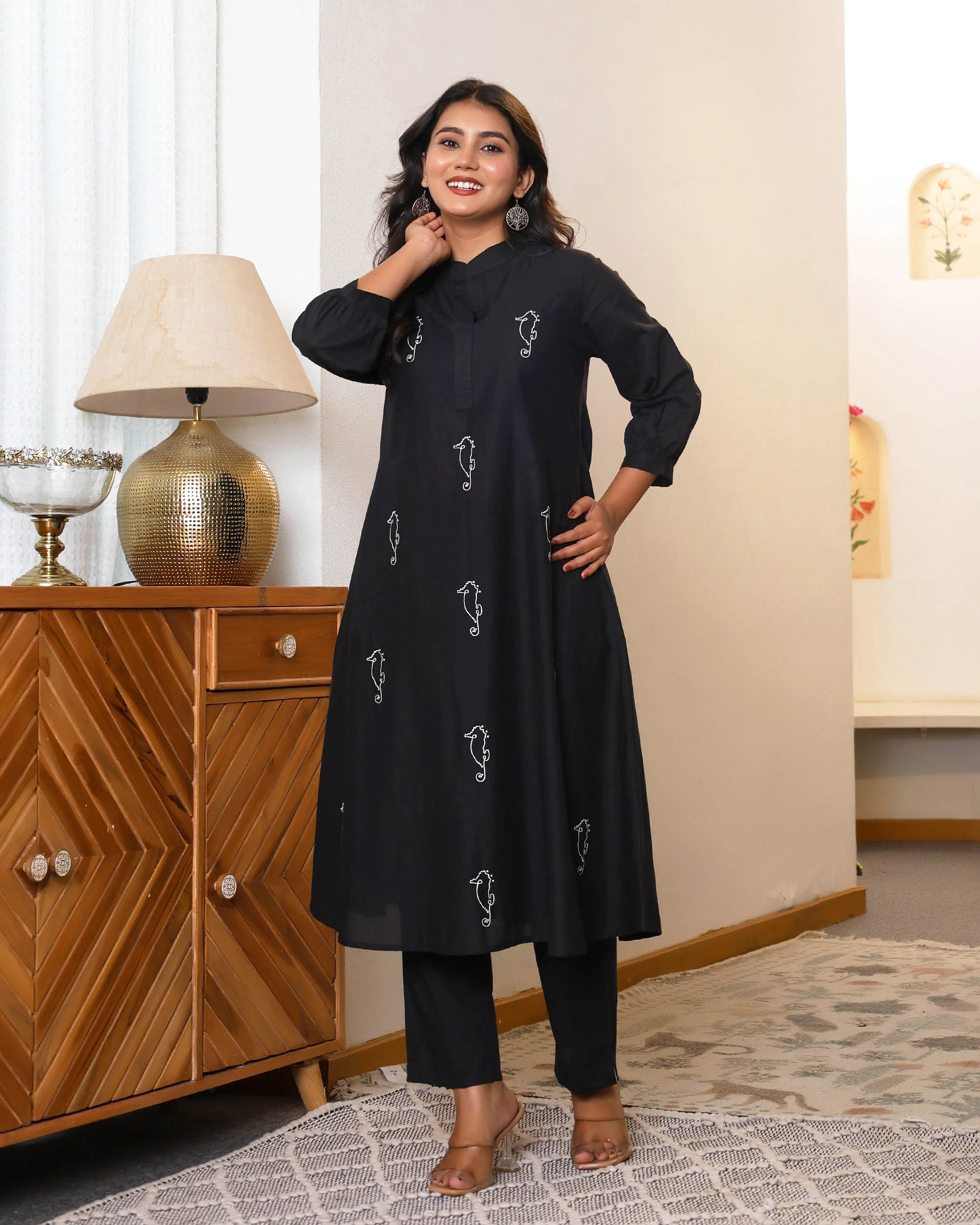Black Base With Delicate White Floral Embroidery - Image 9