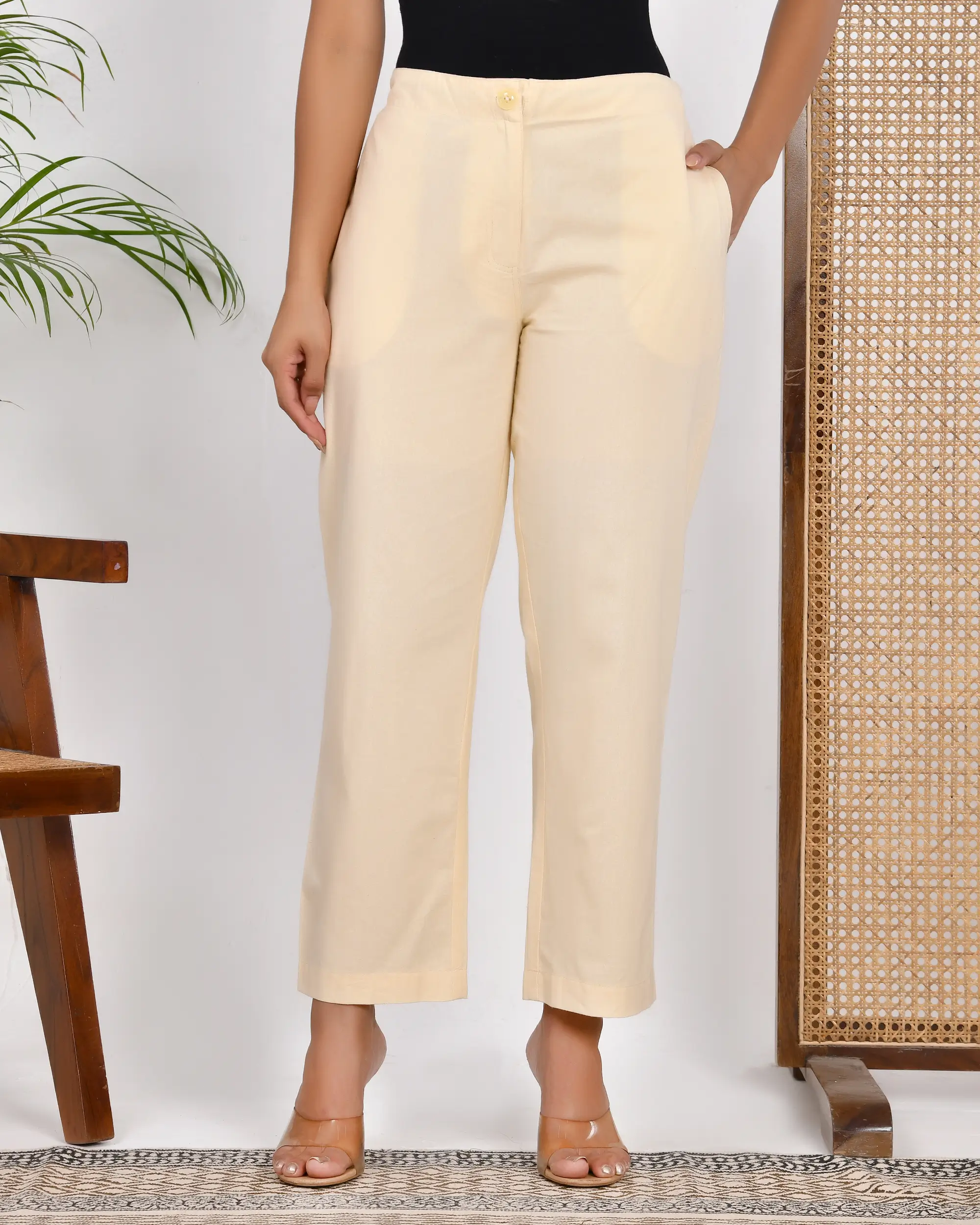 Off White Solid Straight Pants - Image 3