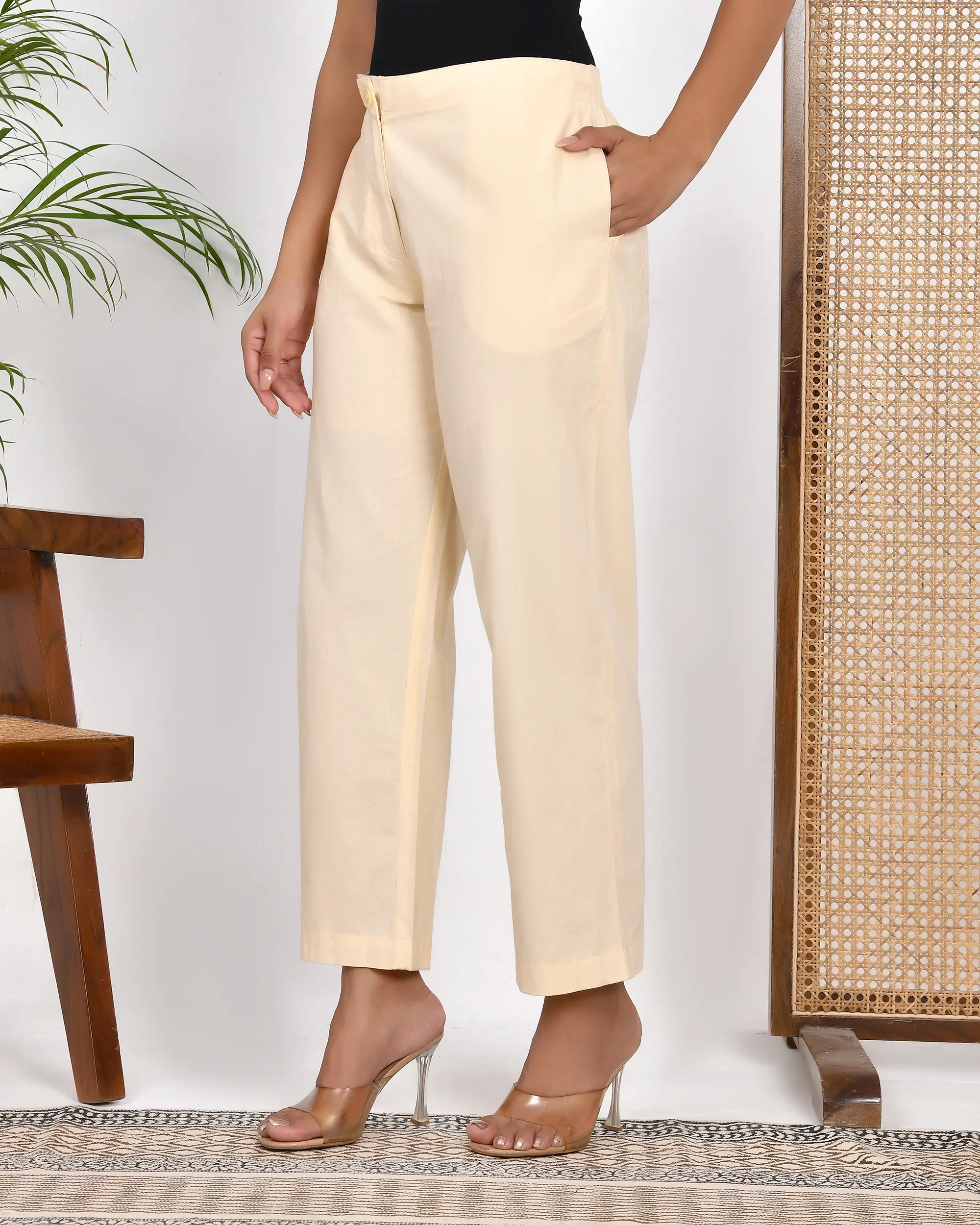 Off White Solid Straight Pants - Image 5