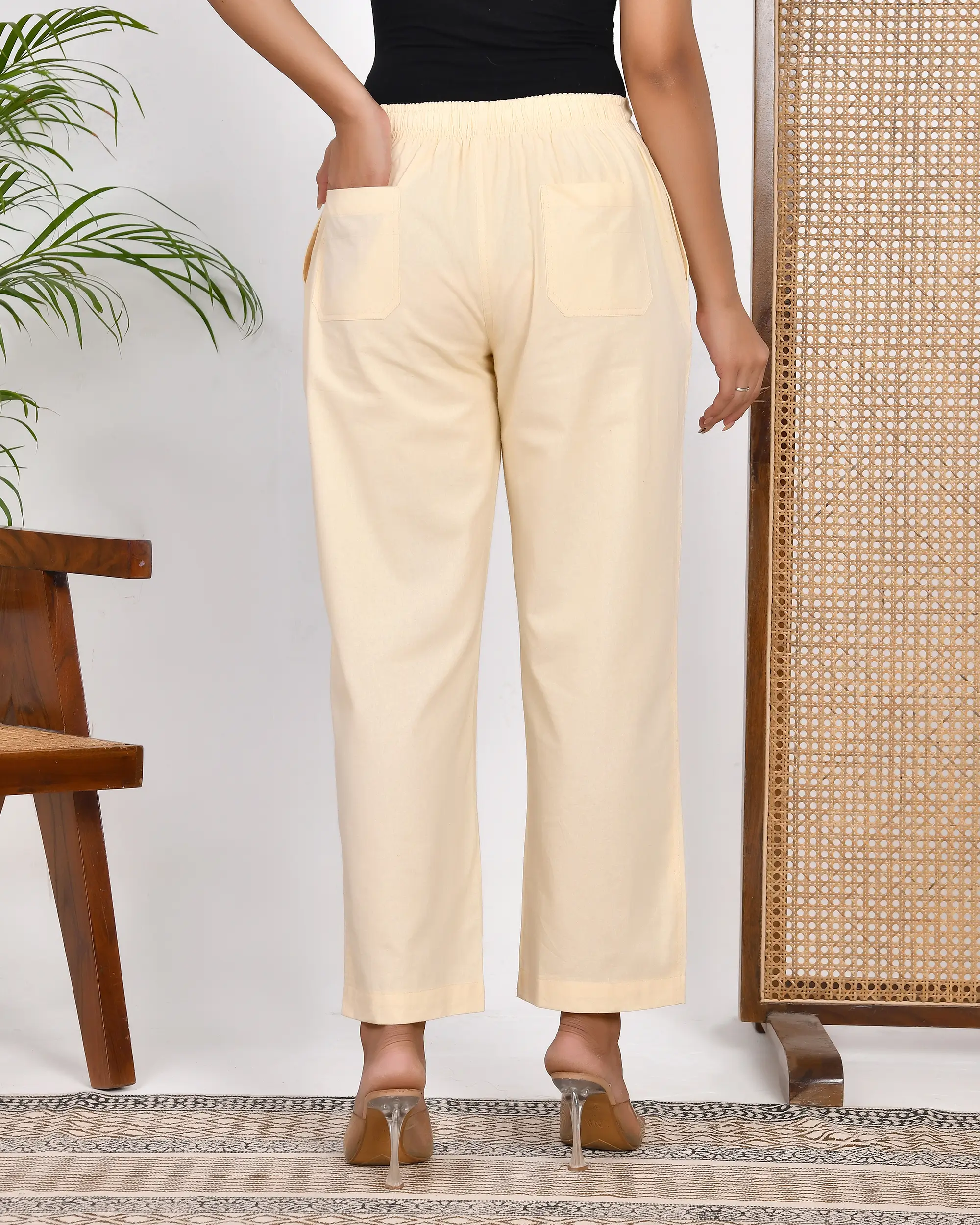 Off White Solid Straight Pants - Image 7