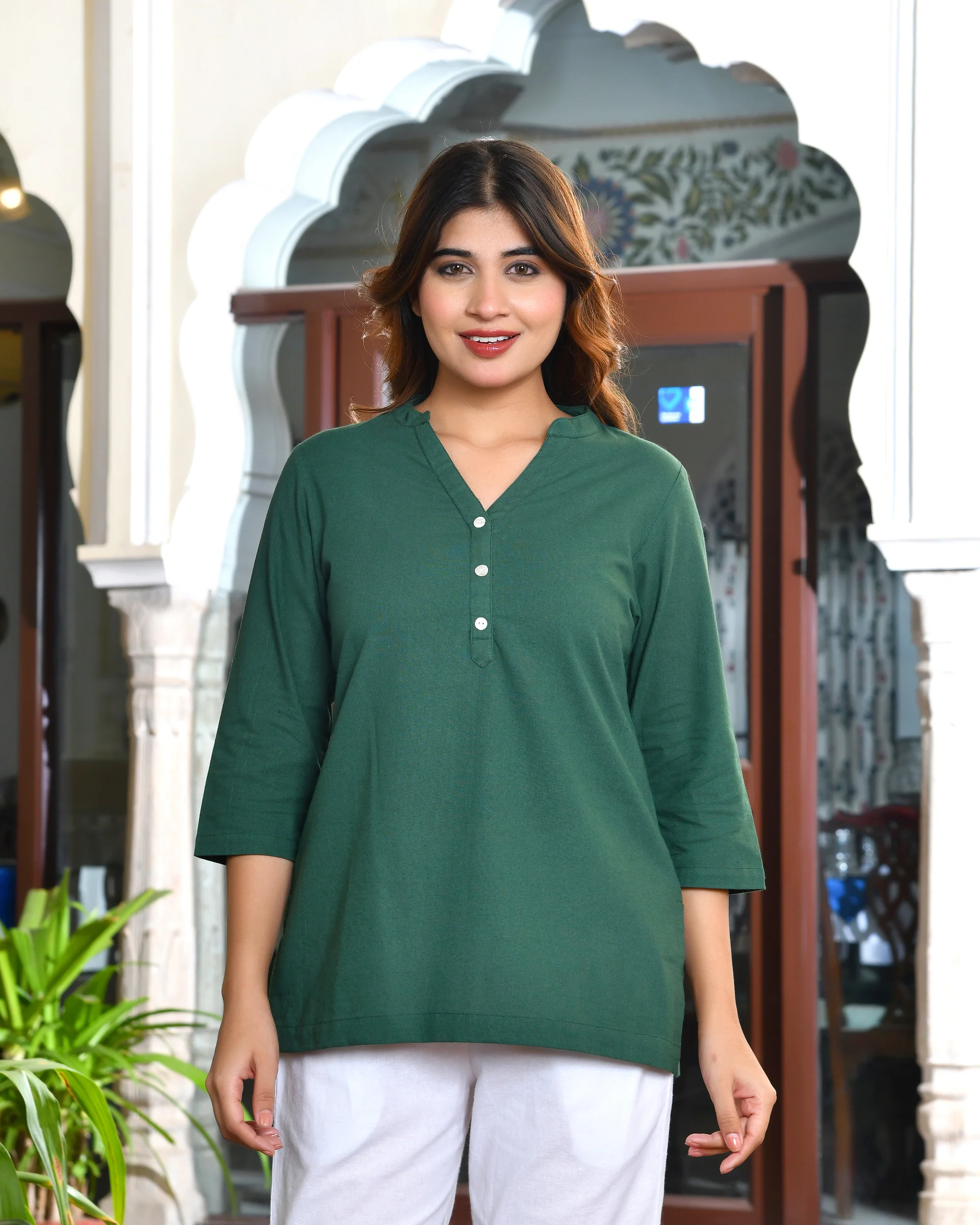 Bottle green airy linen short kurti - Image 9