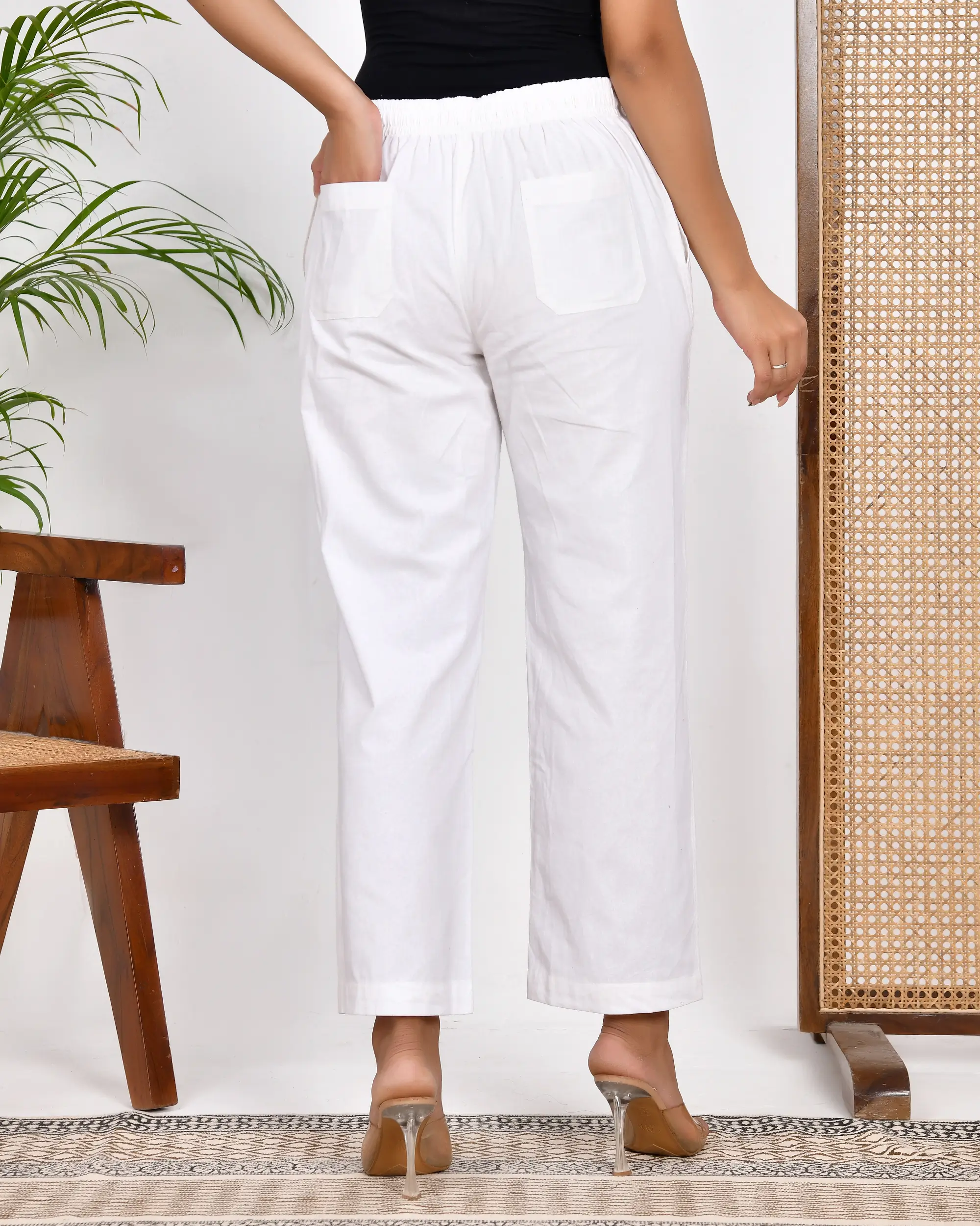 White Solid Straight Pants - Image 7