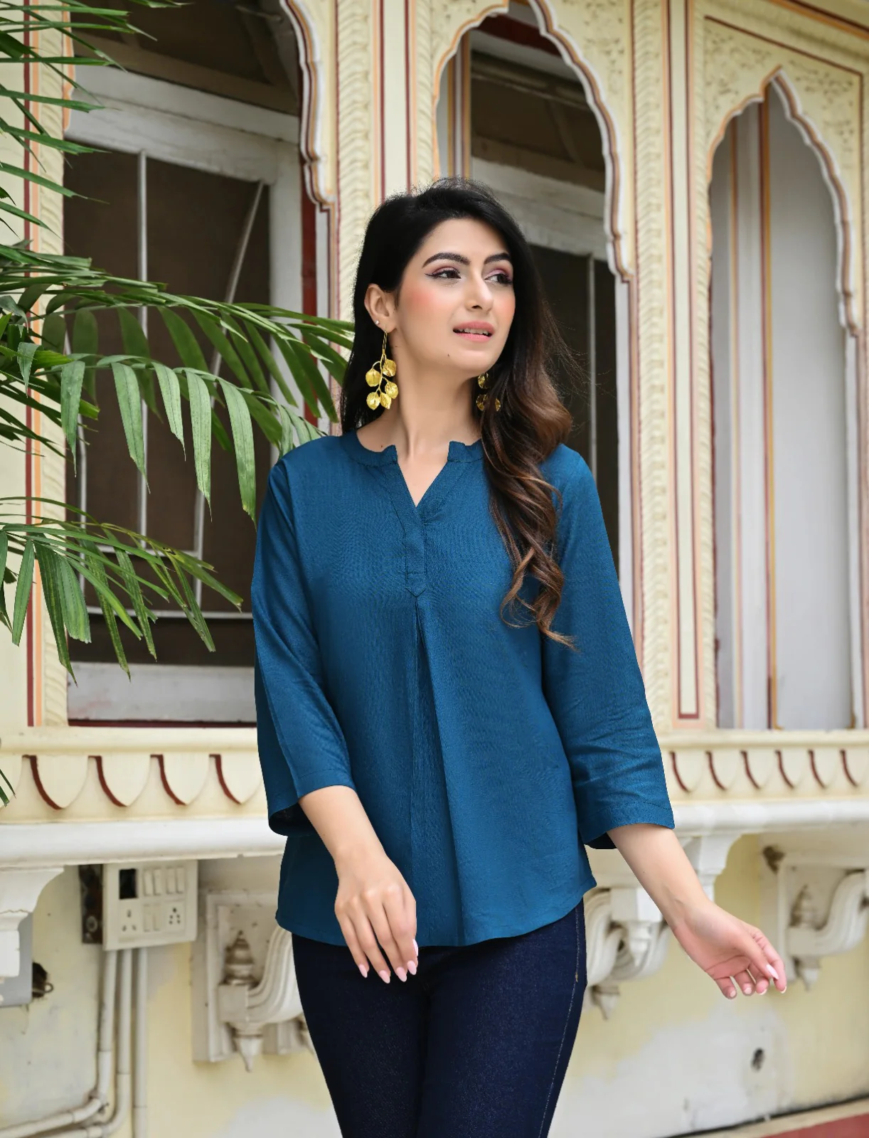 Crystal Teal Blue Viscose Pleated Top - Image 6