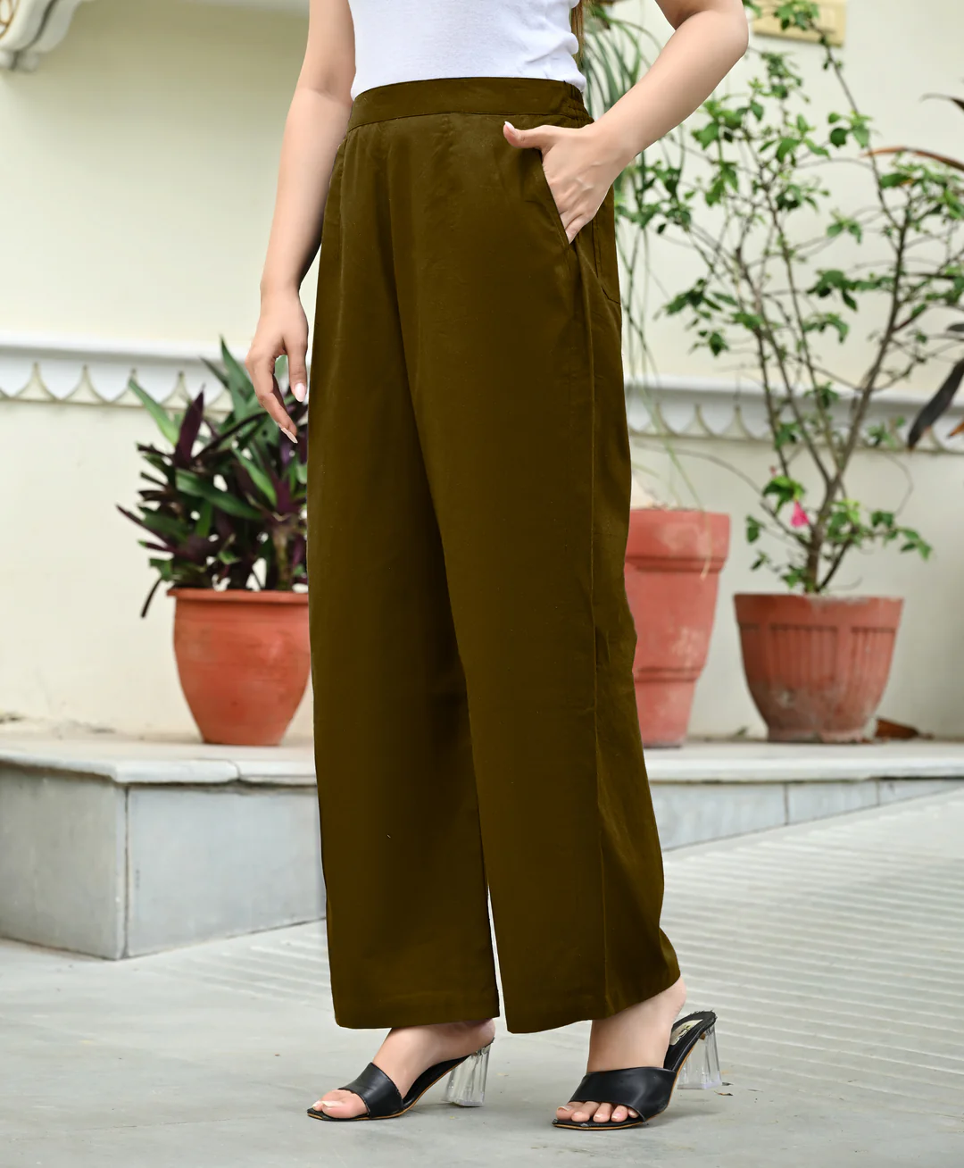 Deeep Olive Airy Linen Wide leg Pants - Image 3