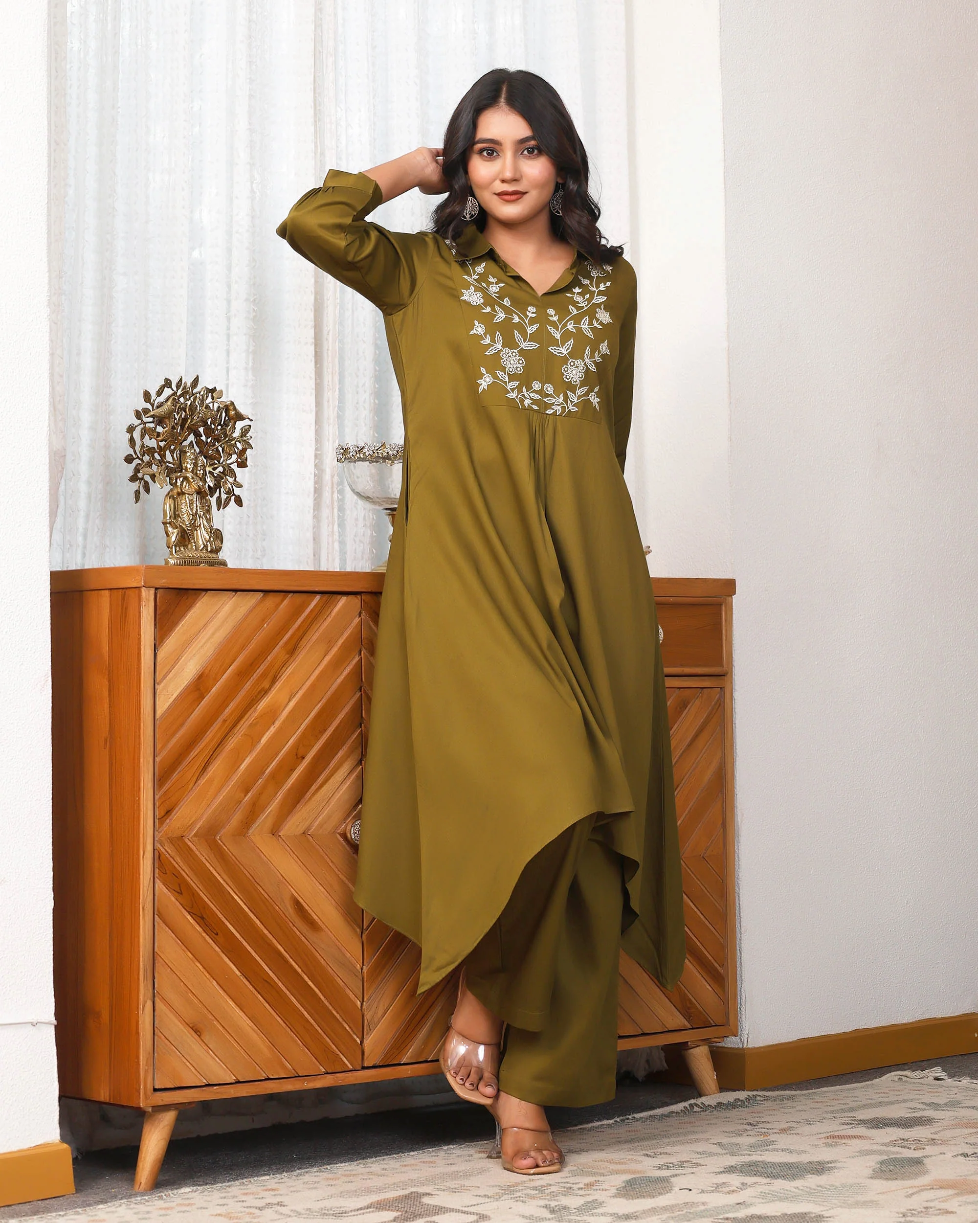 Deep Olive Green Embroidered Asymmetric Co-ord Set - Image 7