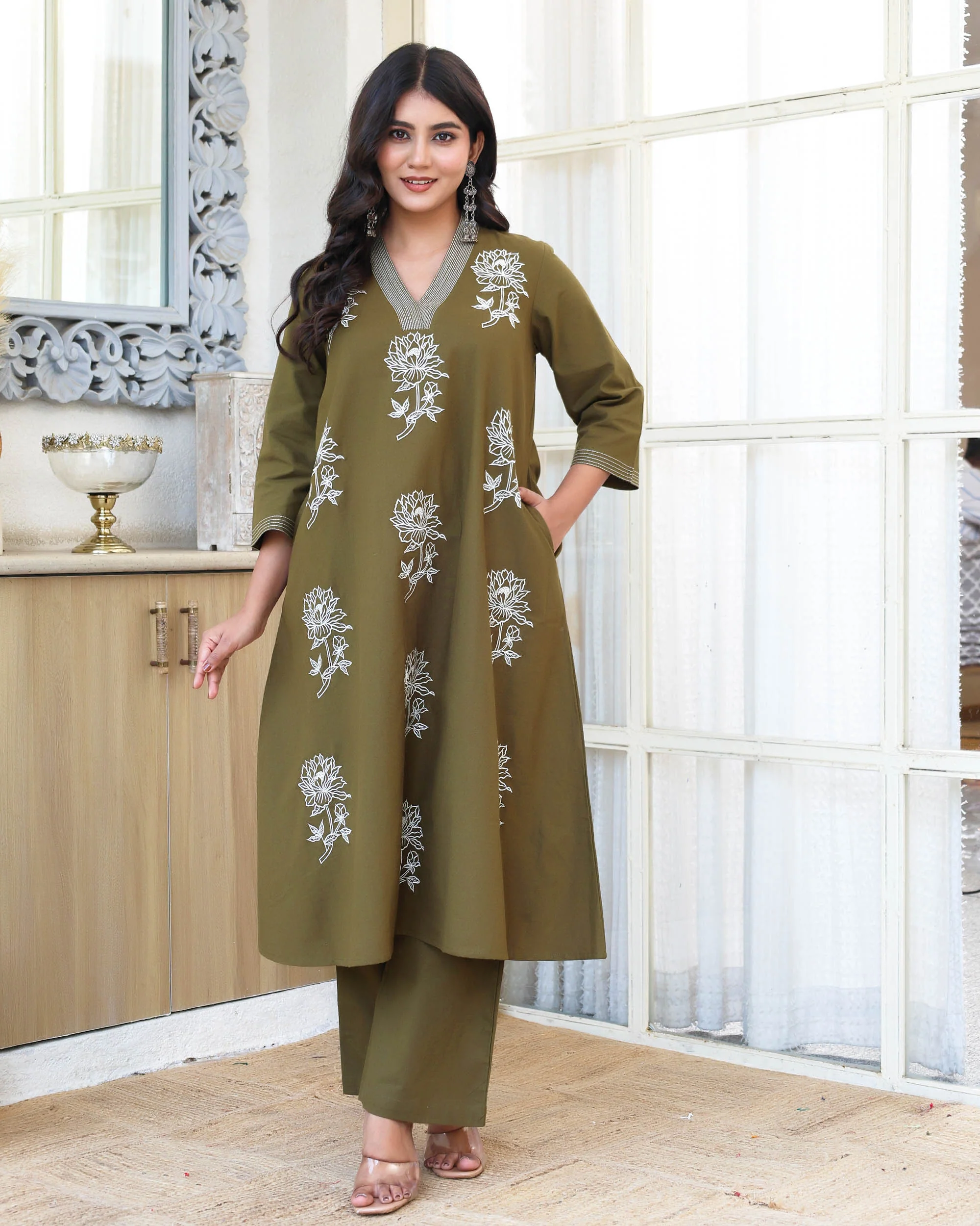Deep Olive Green Minimal Embroidered Aline Co-ord Set