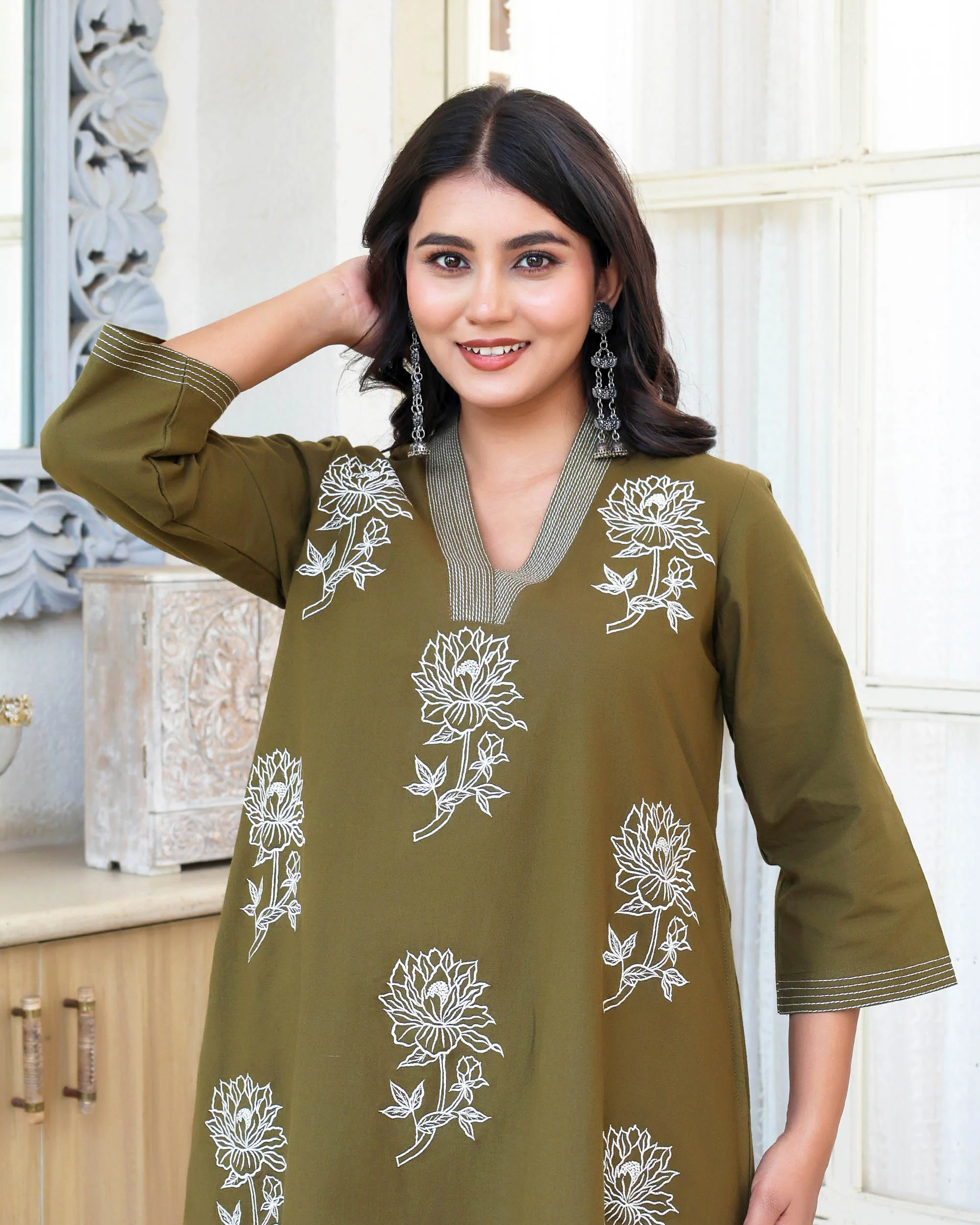 Deep Olive Green Minimal Embroidered Aline Co-ord Set - Image 6