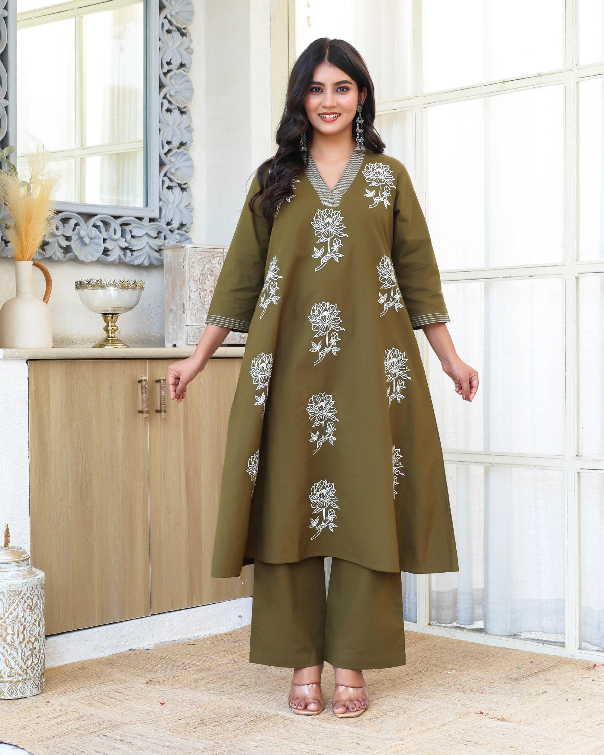 Deep Olive Green Minimal Embroidered Aline Co-ord Set - Image 9