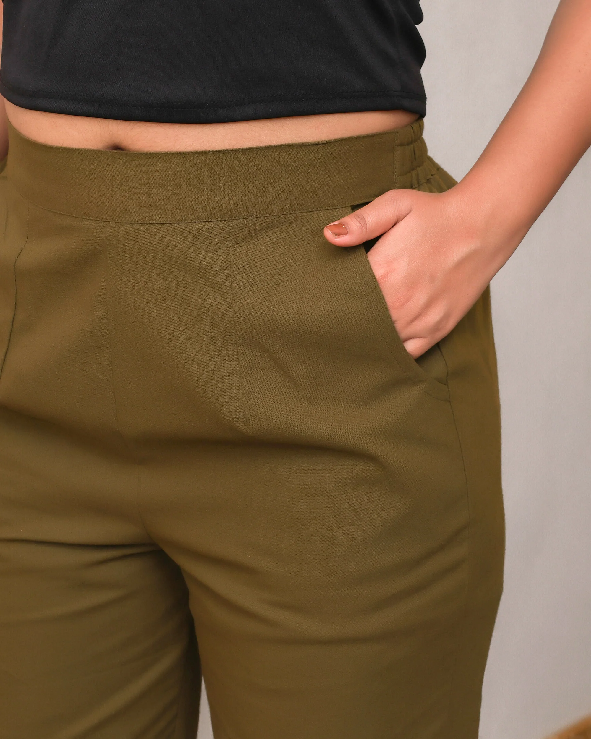 Deep Olive Solid Airy Linen Pants - Image 3