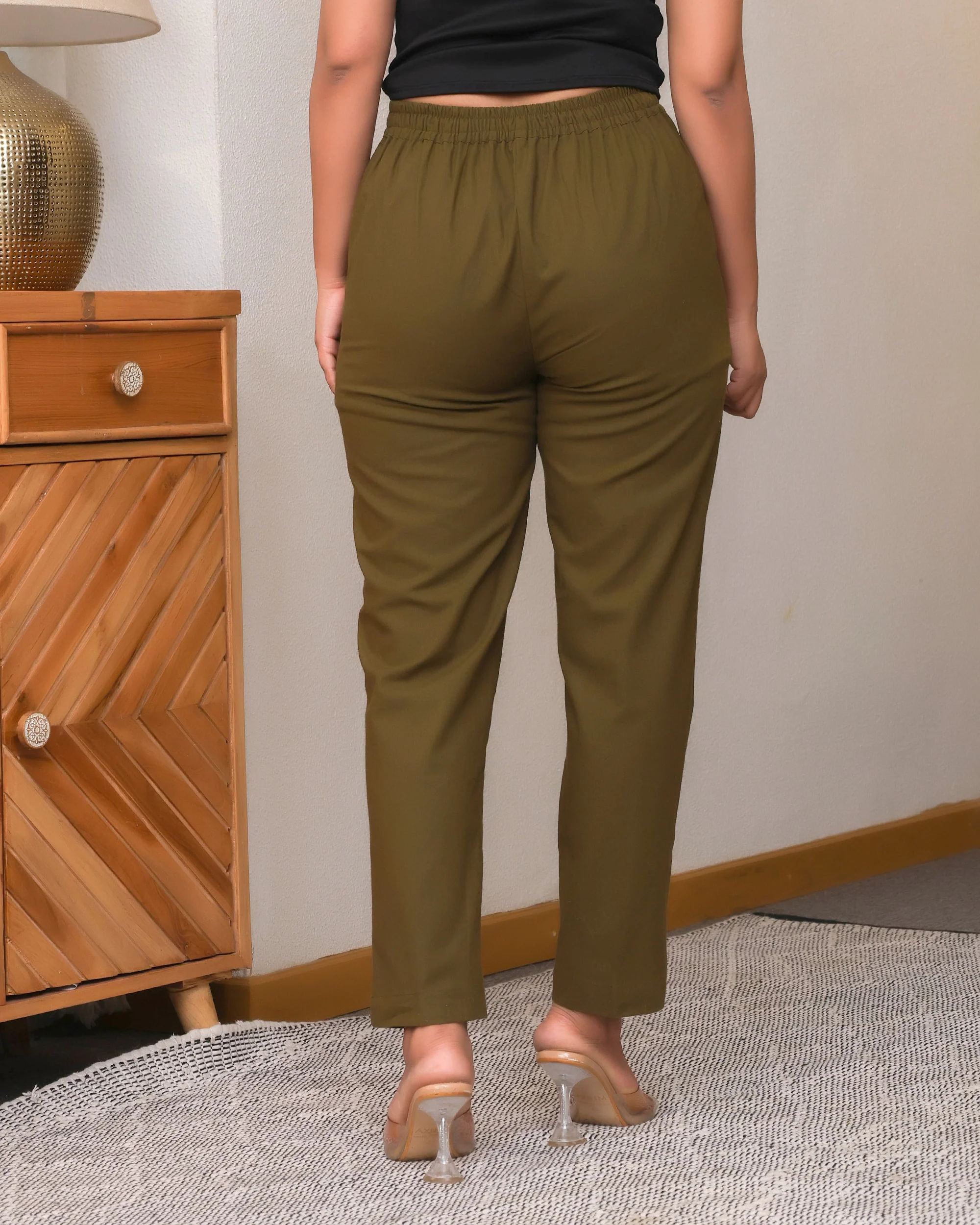 Deep Olive Solid Airy Linen Pants - Image 4