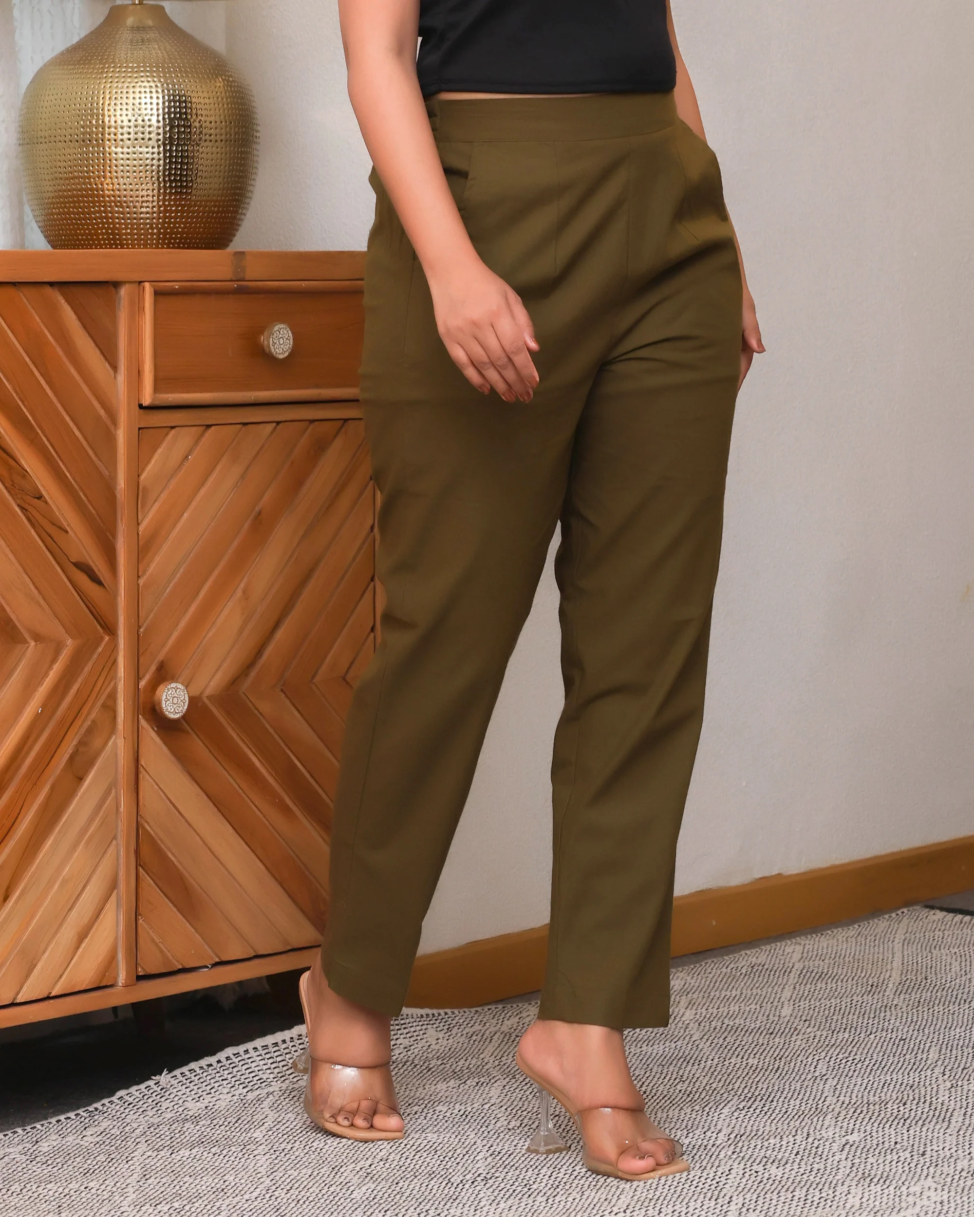 Deep Olive Solid Airy Linen Pants - Image 5