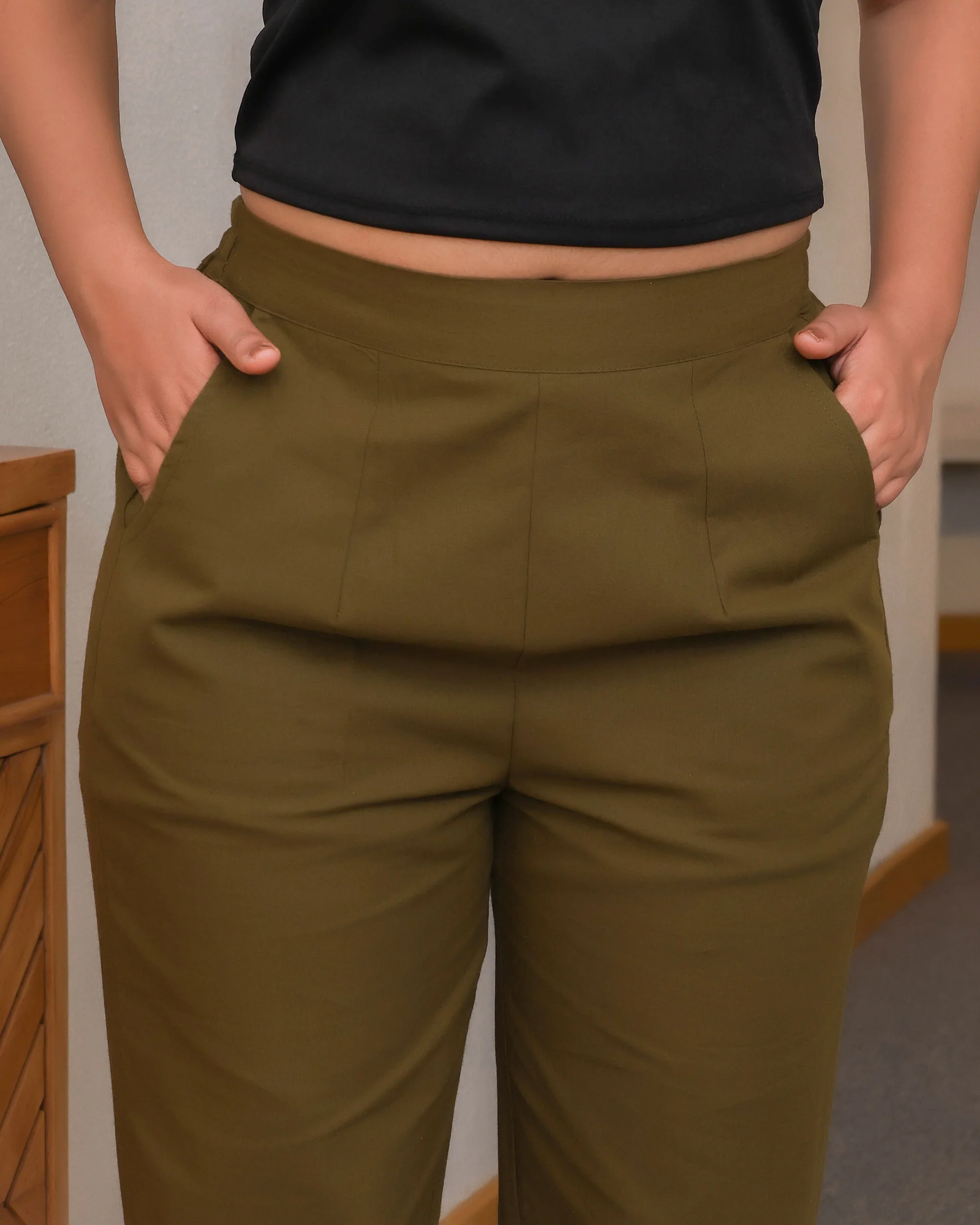 Deep Olive Solid Airy Linen Pants - Image 8
