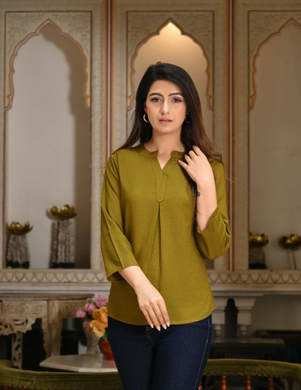 Deep Olive Viscose Pleated Top