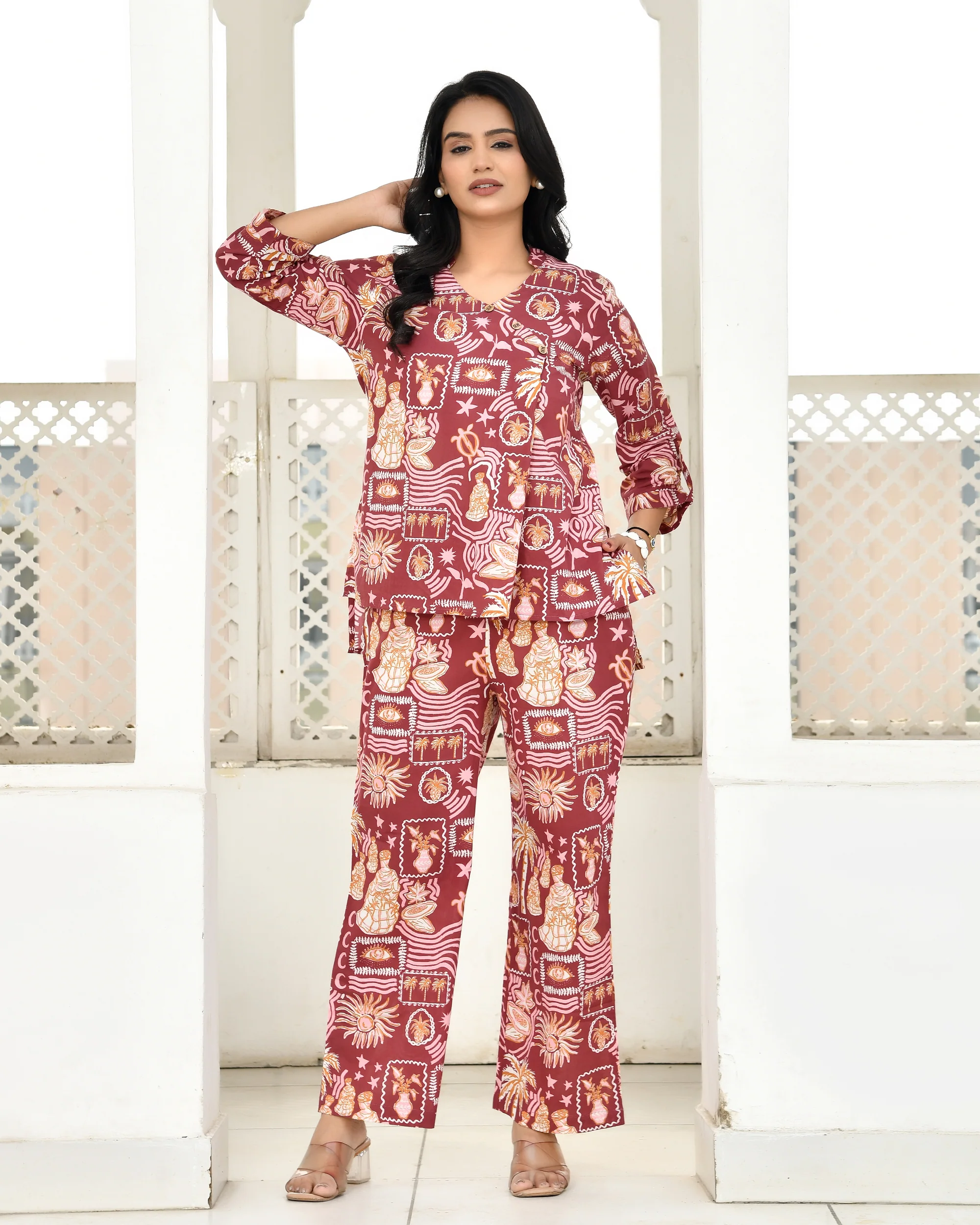Vintage Maroon Abstract Printed Co-ord Sets - Image 7
