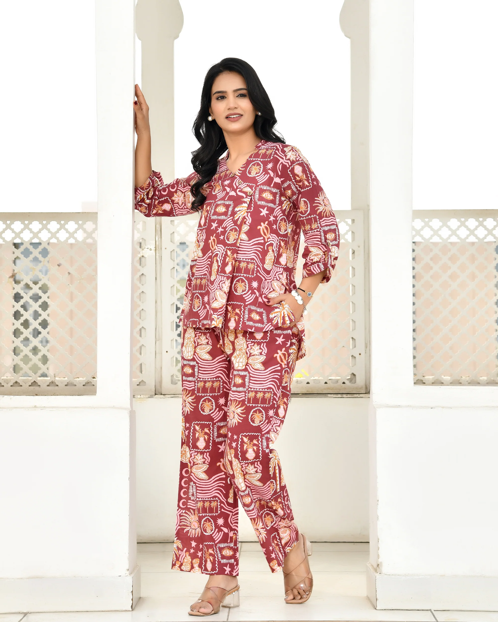 Vintage Maroon Abstract Printed Co-ord Sets - Image 8