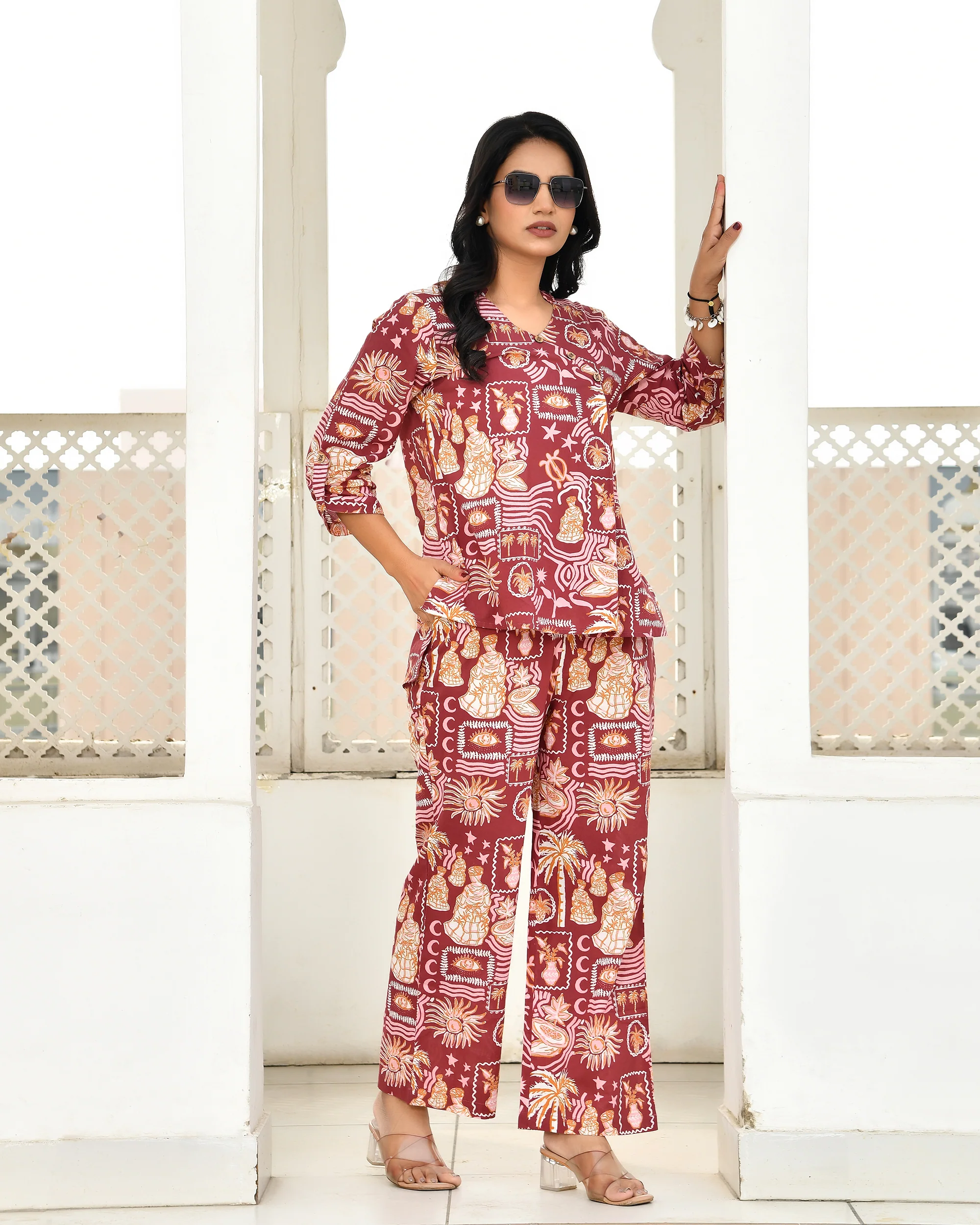 Vintage Maroon Abstract Printed Co-ord Sets - Image 9