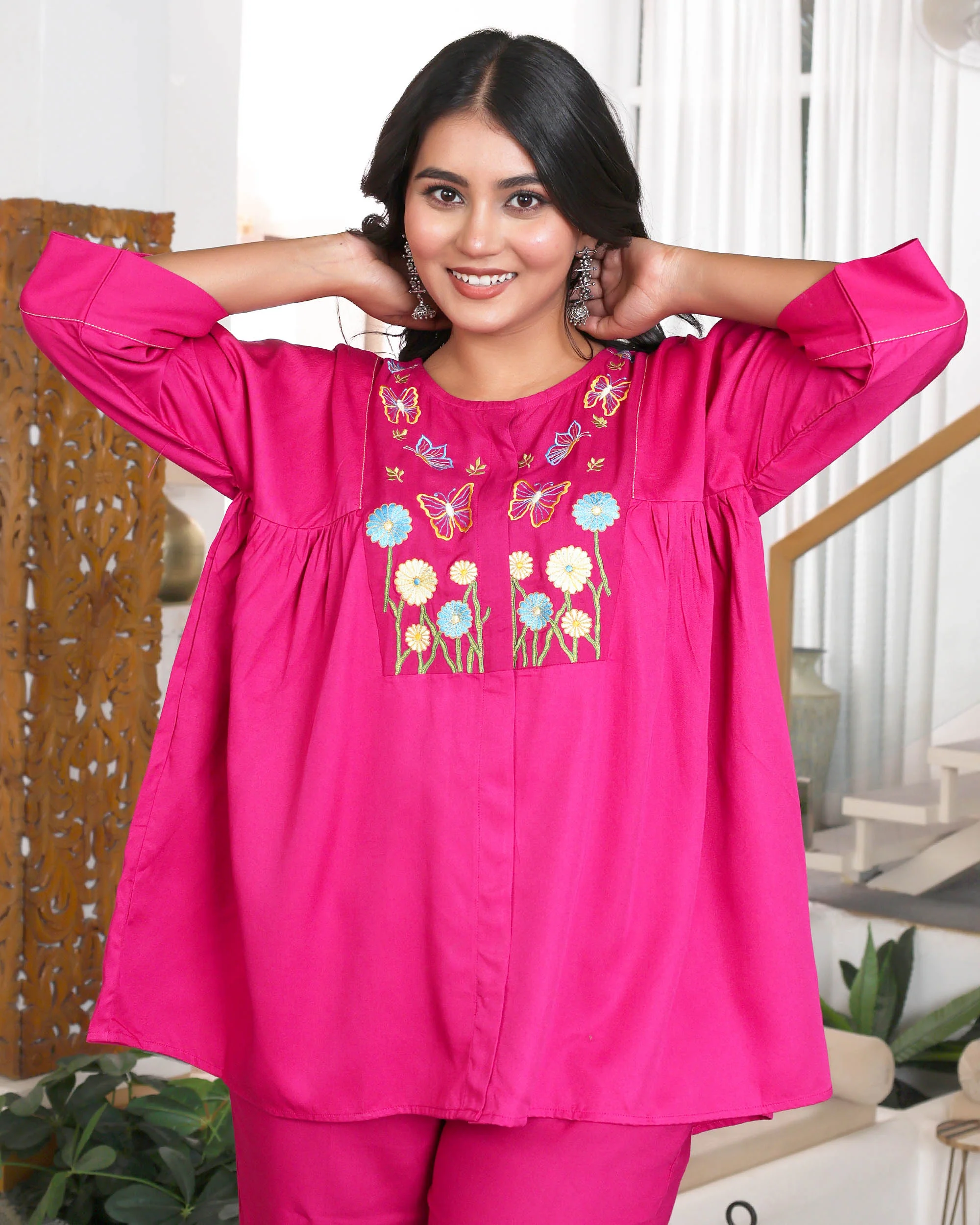 Fuchsia Pink Floral Embroidered Co-ord Set - Image 3