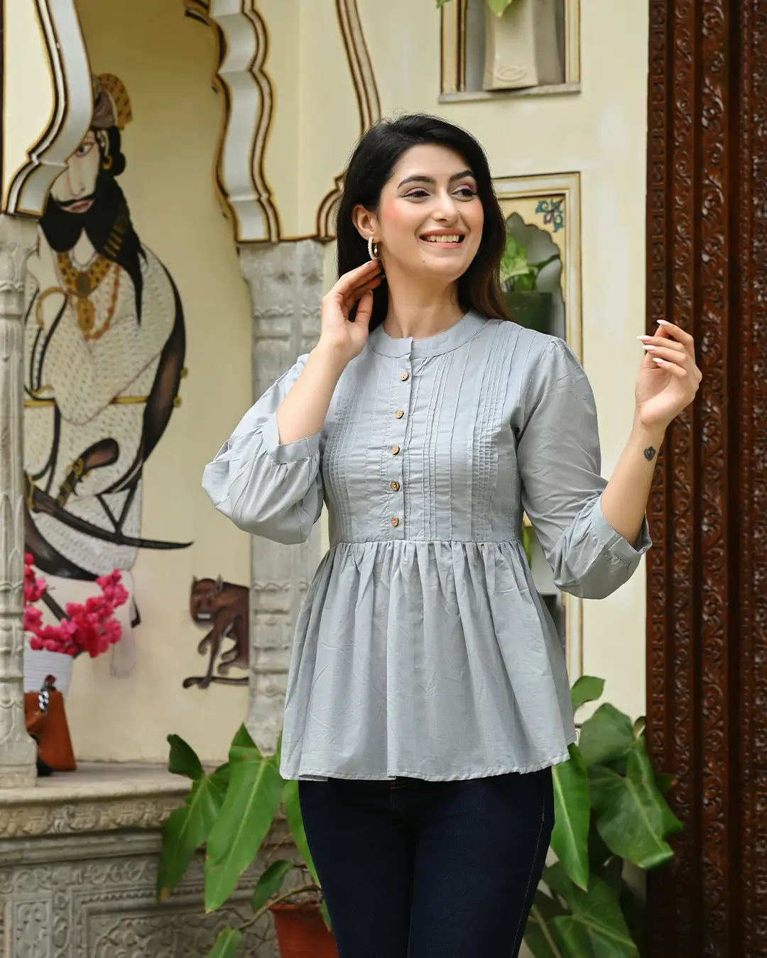 Gery Solid Pintucks Top - Image 8
