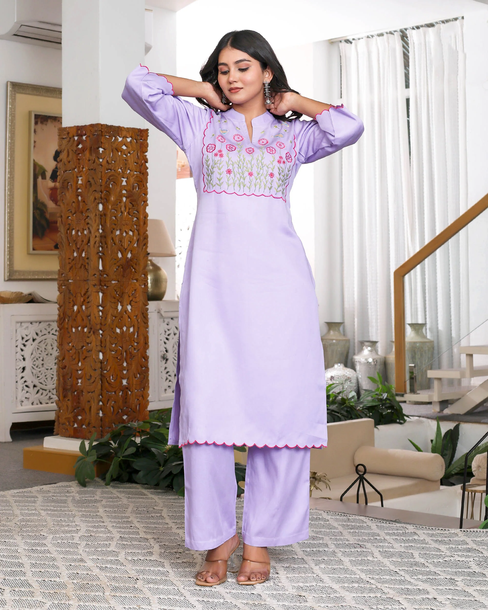 Lavender Floral Embroidered Straight Co-ord Set - Image 8