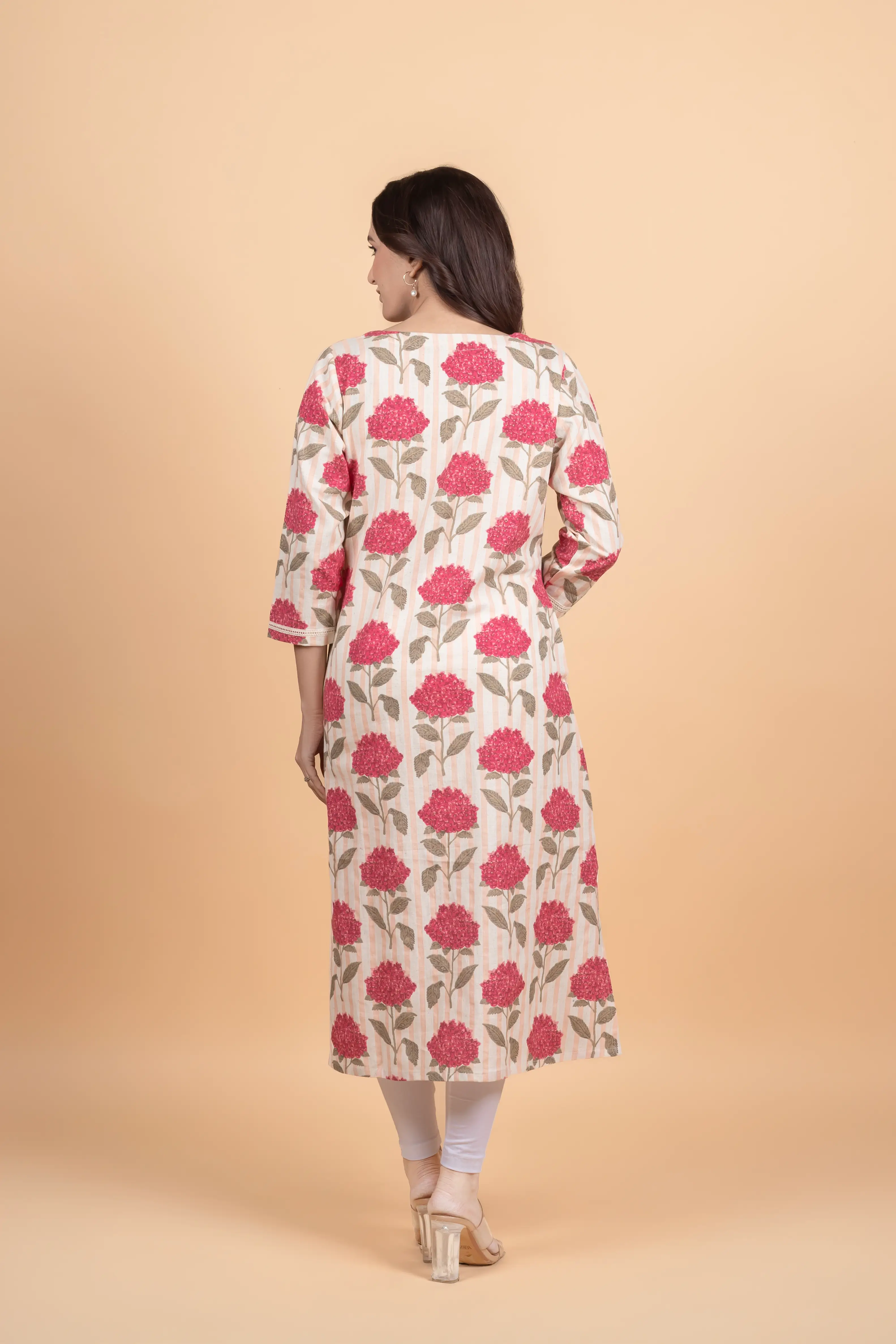 Cream Striped Flower Print Kurti - Image 4