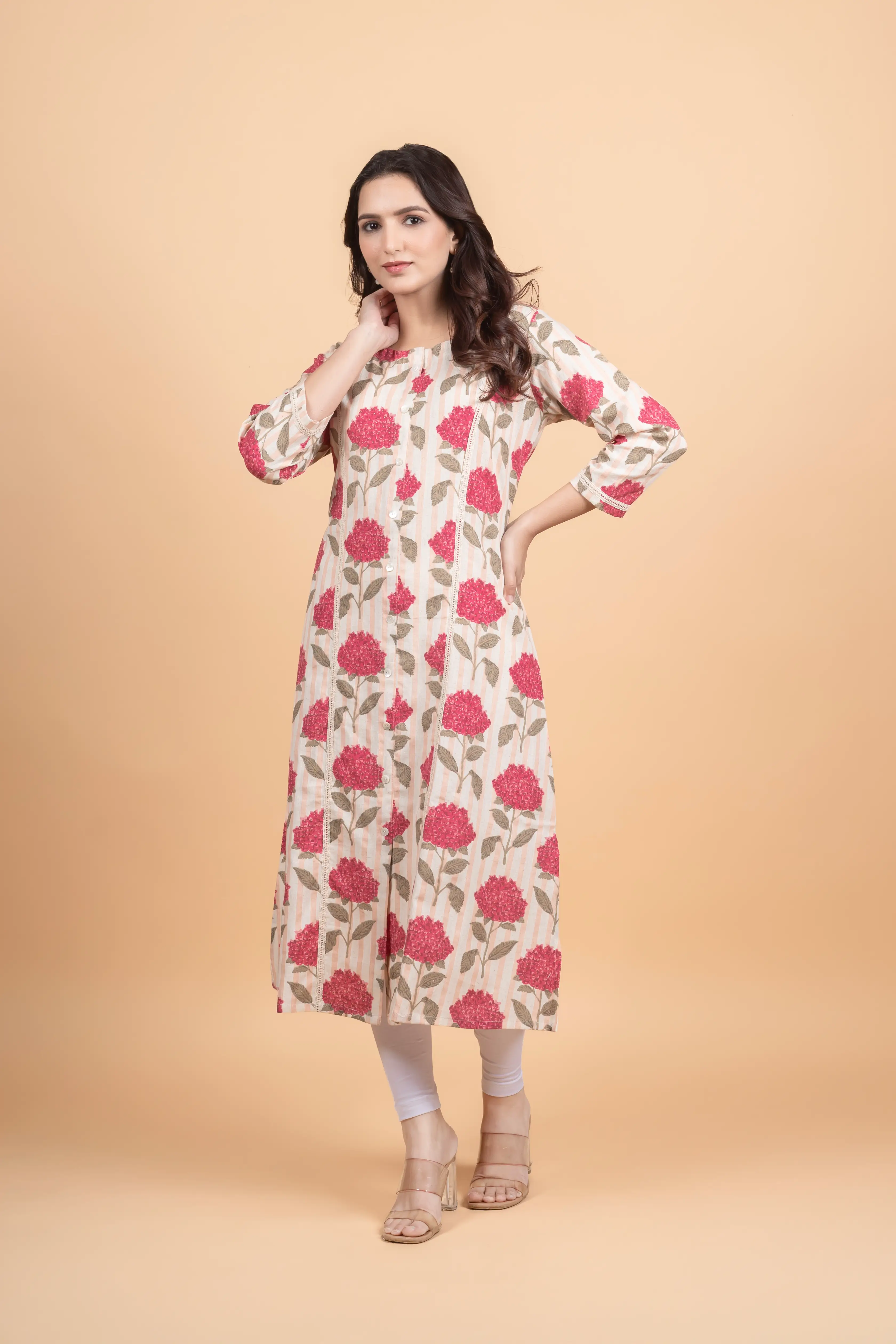 Cream Striped Flower Print Kurti - Image 7