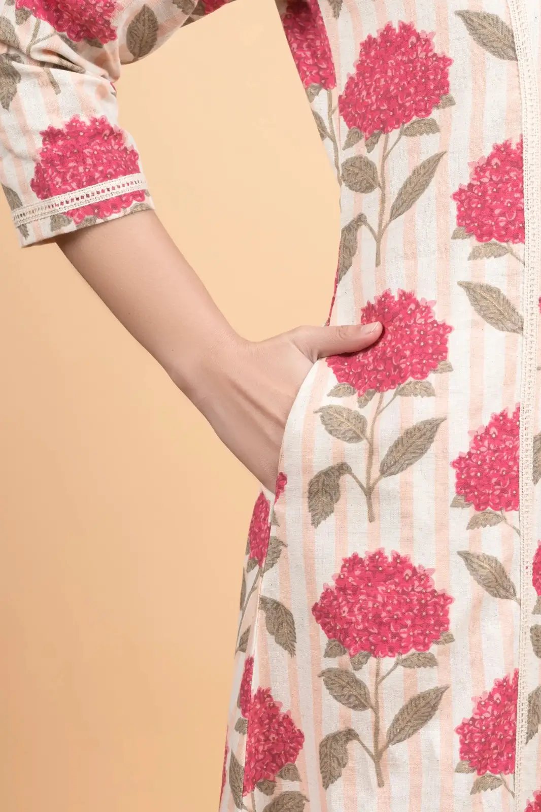 Cream Striped Flower Print Kurti - Image 9