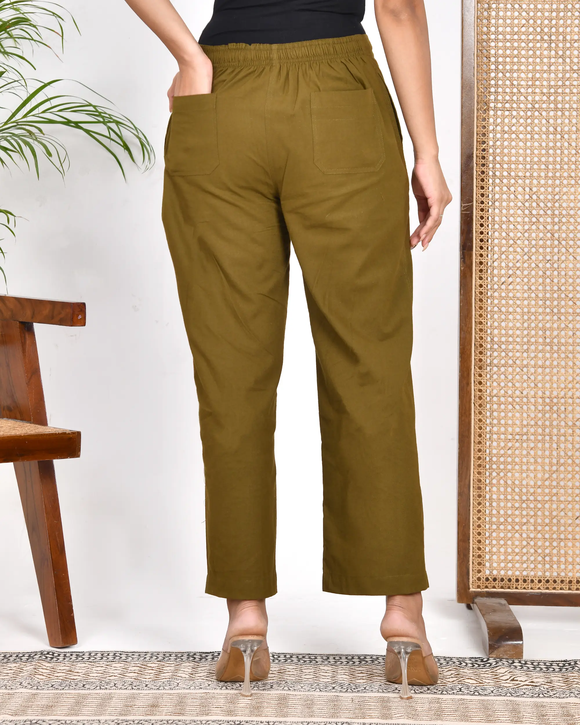 Deep Olive Solid Straight Pants - Image 6