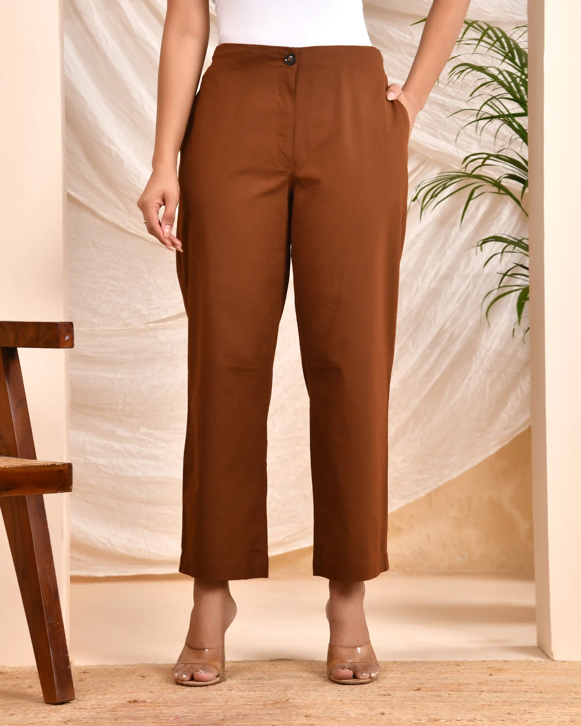 Coffee Brown Solid Straight Pants - Image 3