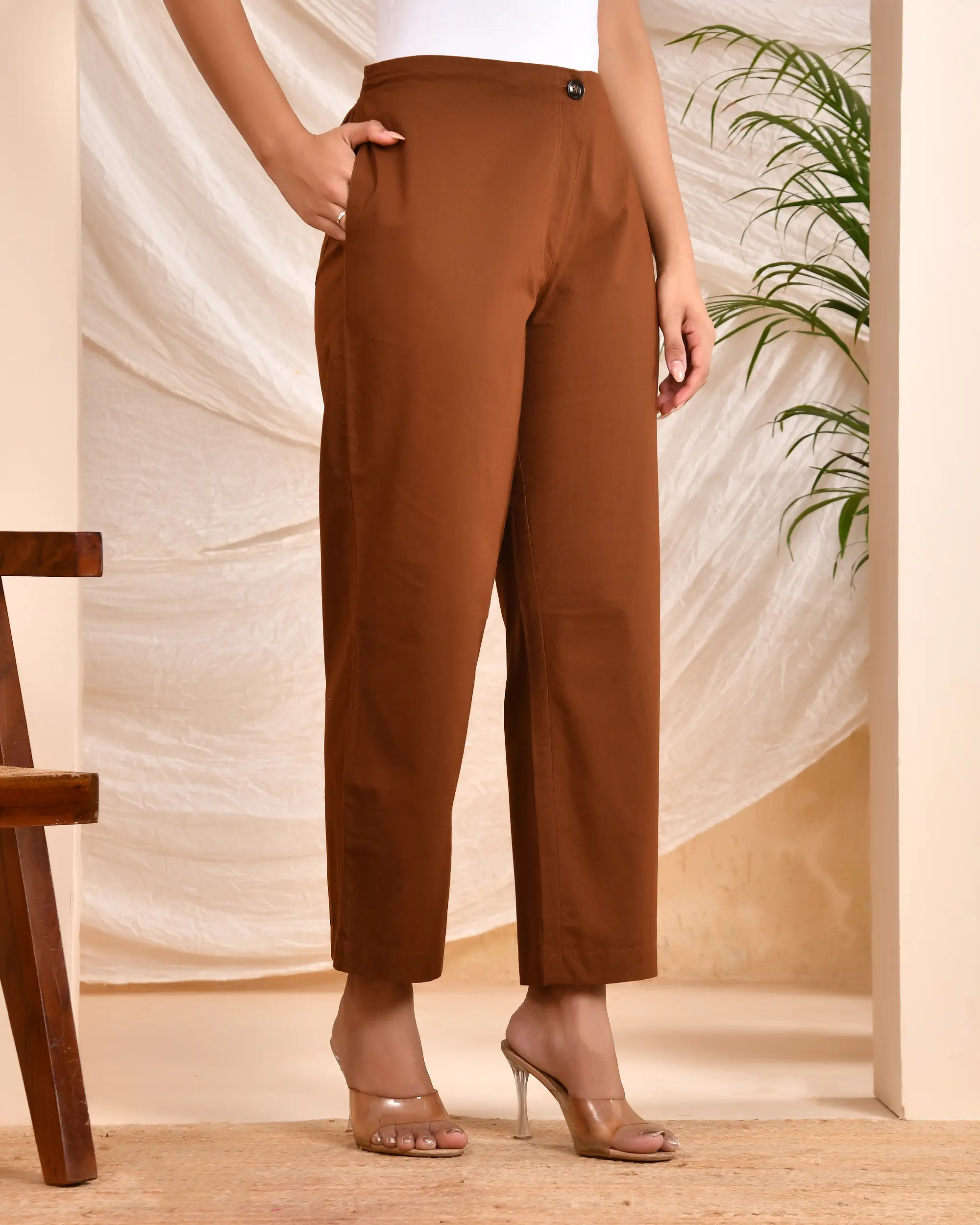 Coffee Brown Solid Straight Pants - Image 4