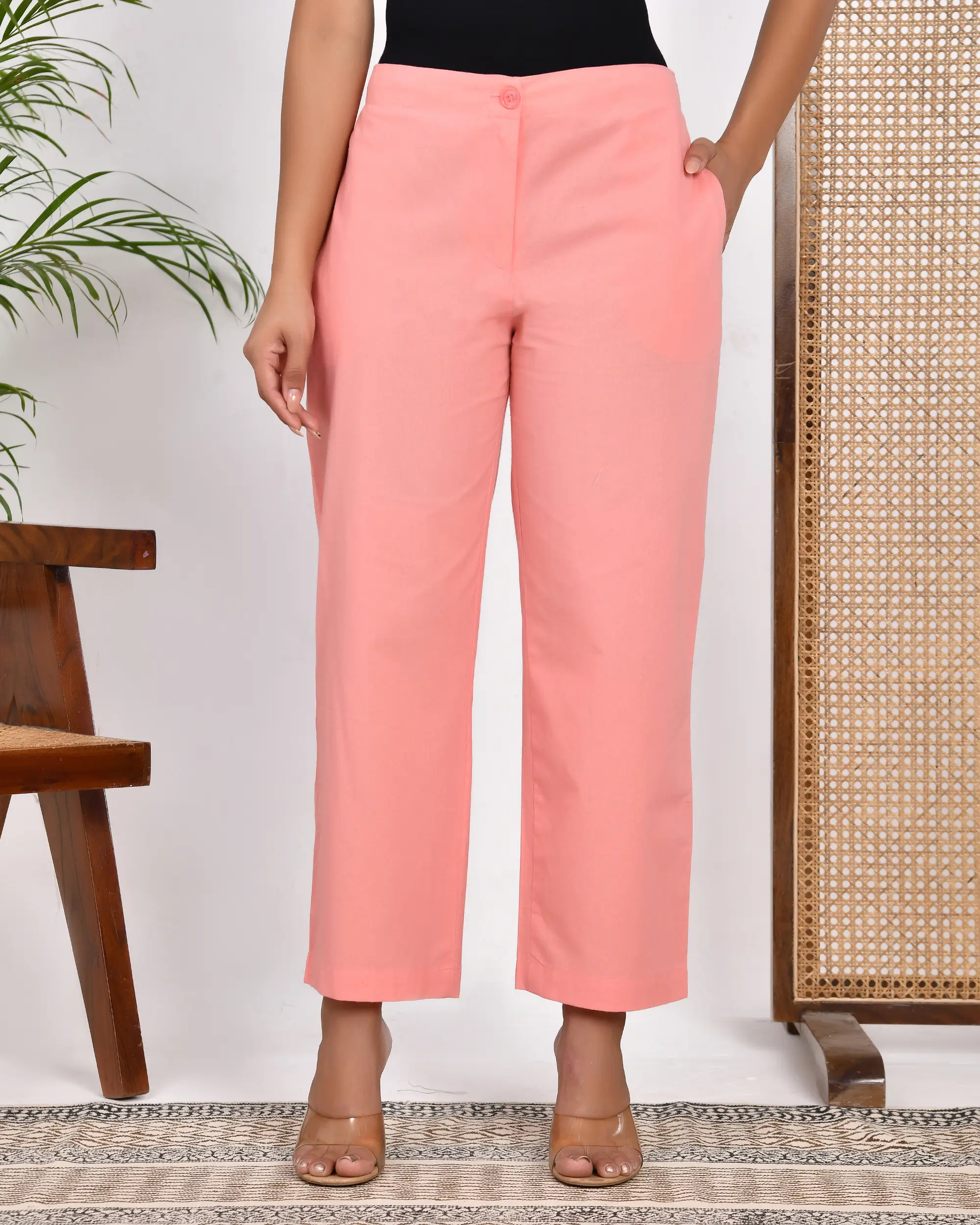 Peach Solid Straight Pants - Image 3