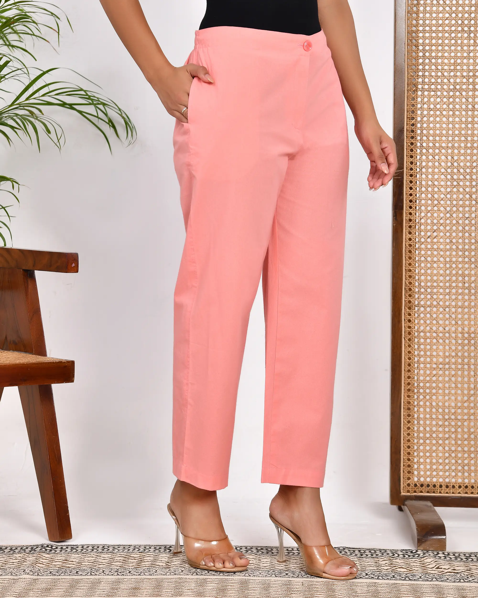 Peach Solid Straight Pants - Image 4