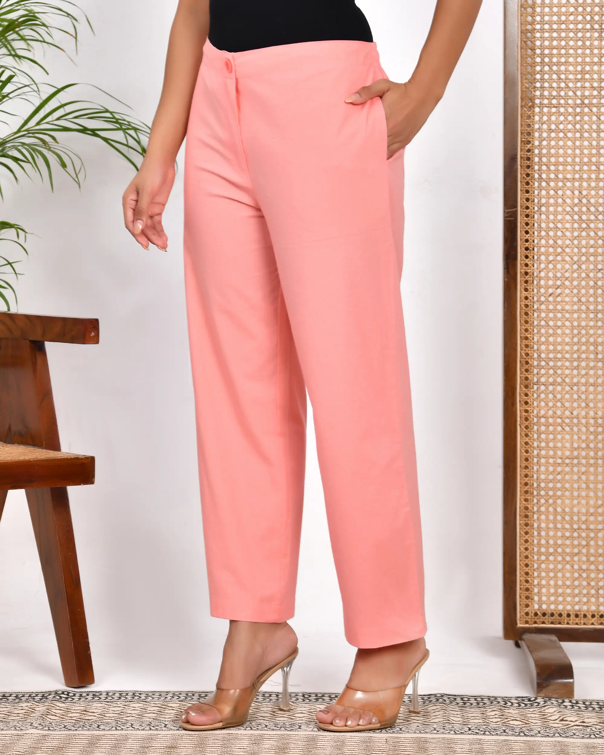 Peach Solid Straight Pants - Image 5