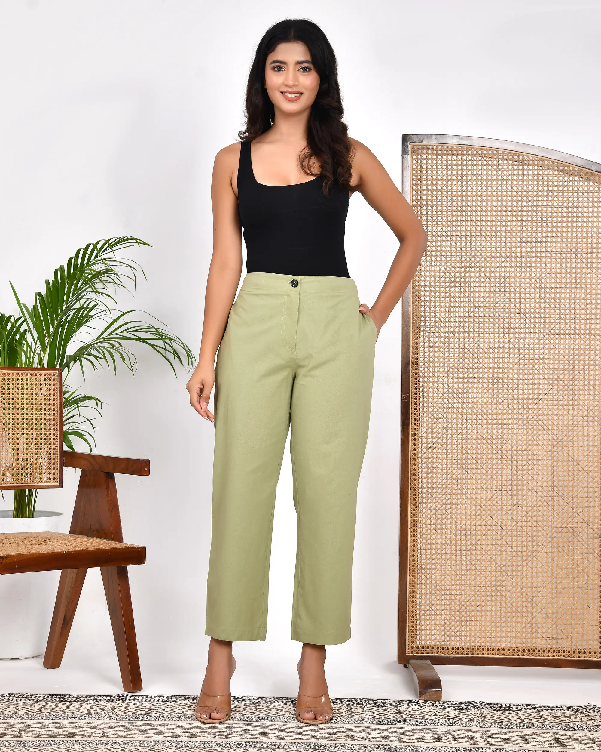Sage Green Solid Straight Pants