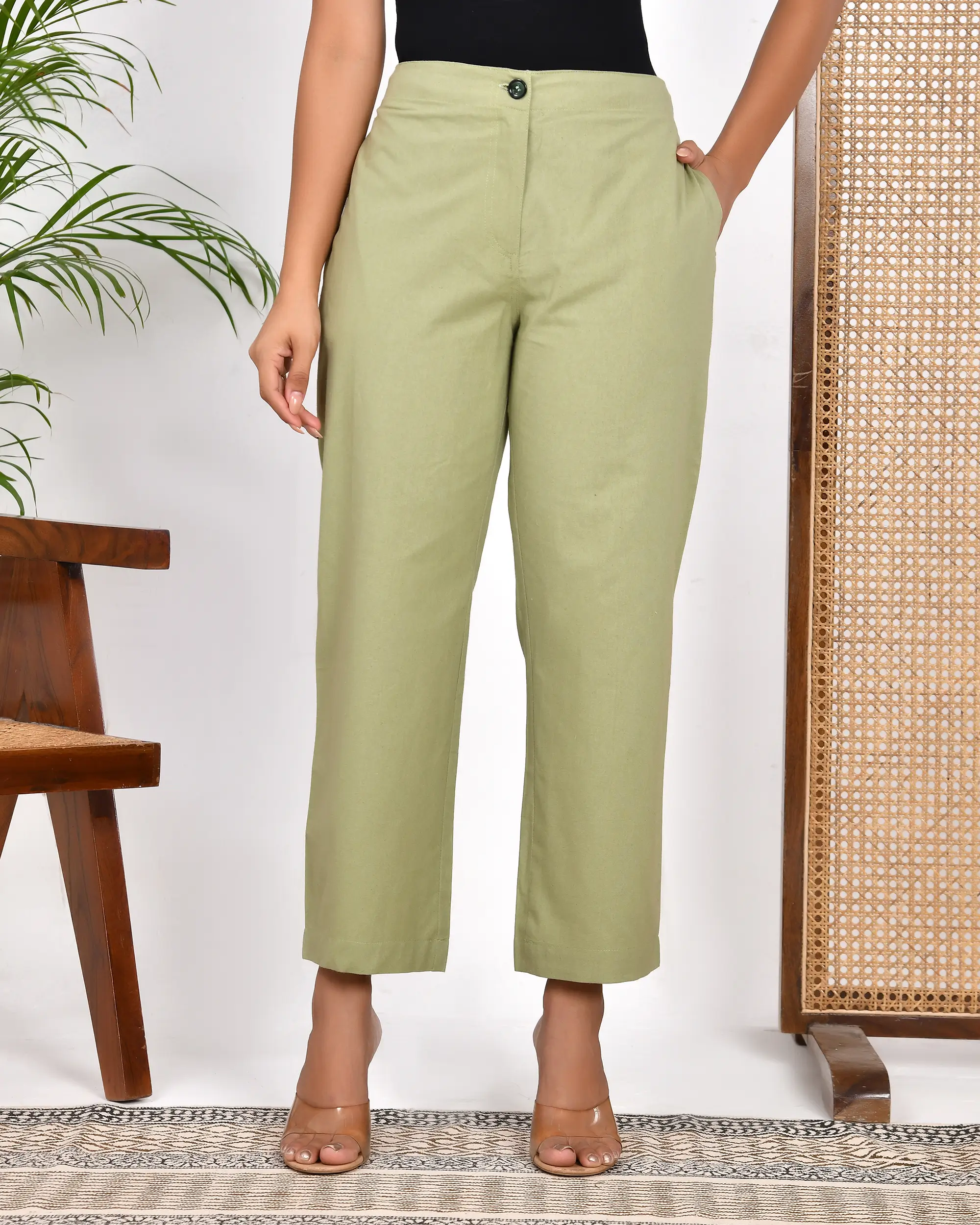Sage Green Solid Straight Pants - Image 3