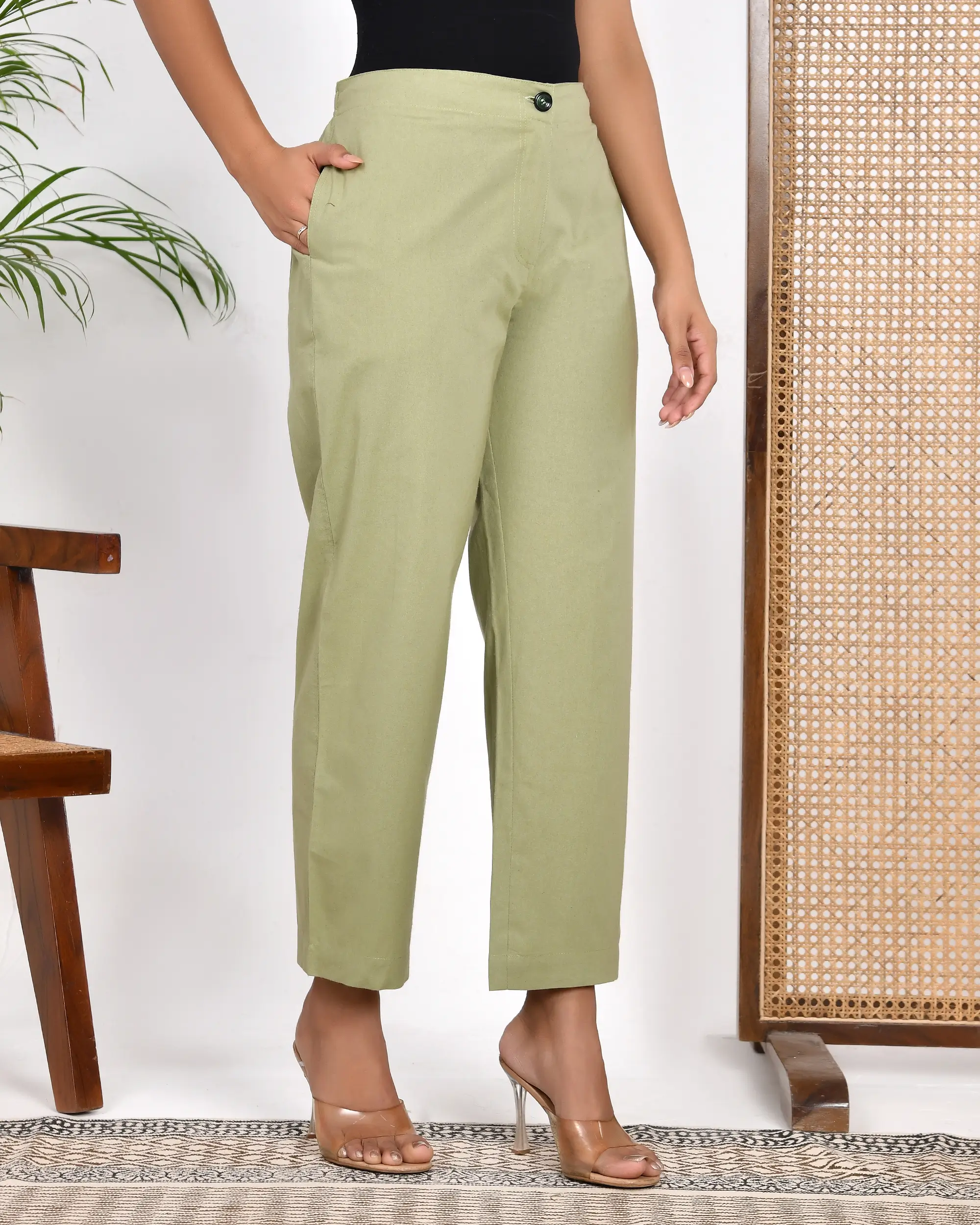 Sage Green Solid Straight Pants - Image 4