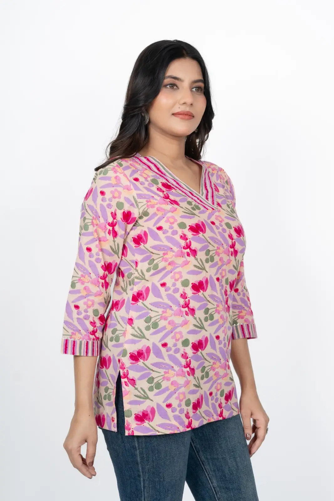 Pink Floral Short Kurti - Image 6