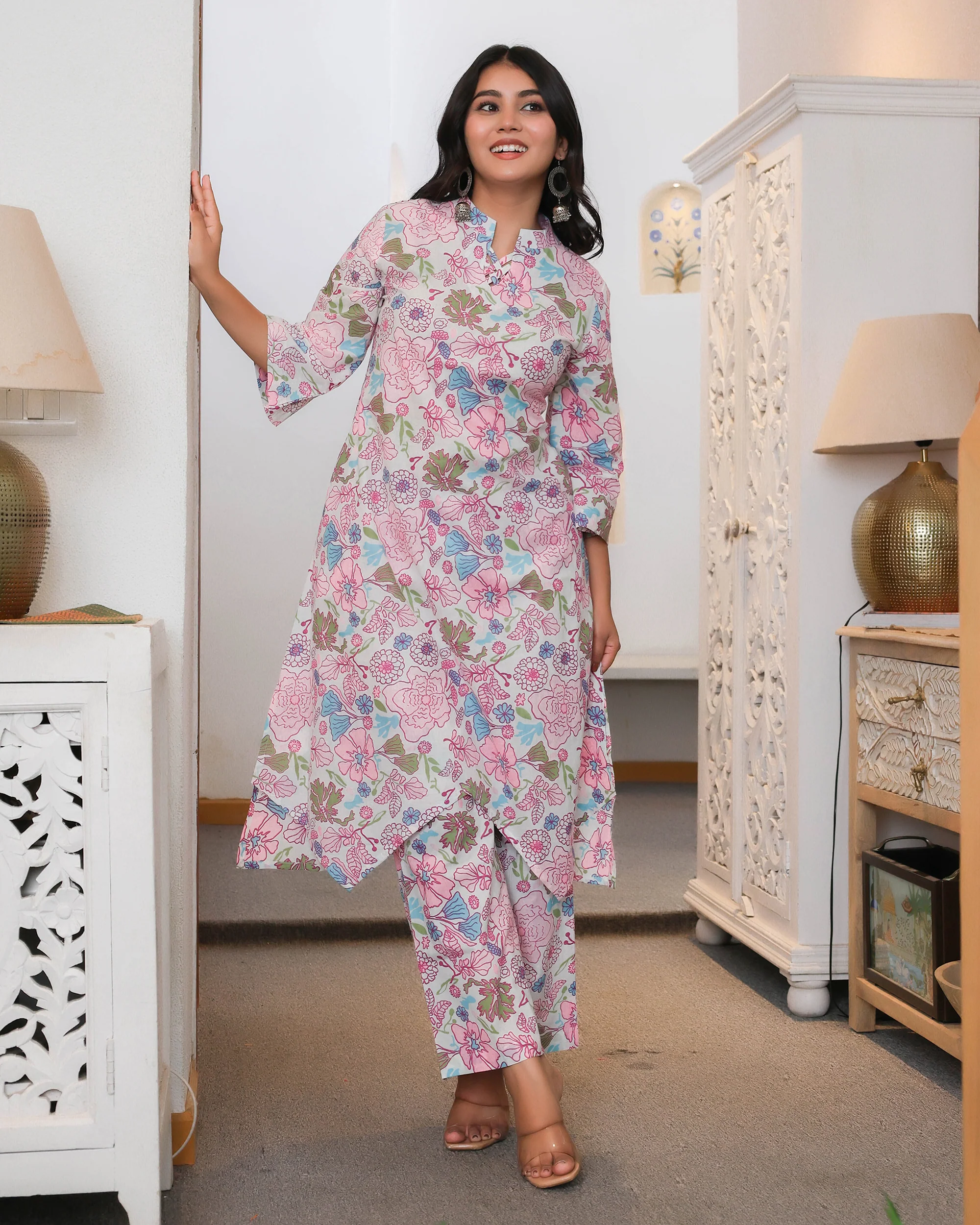 Pink & White Floral Printed Aline Co-ords Sets - Image 7