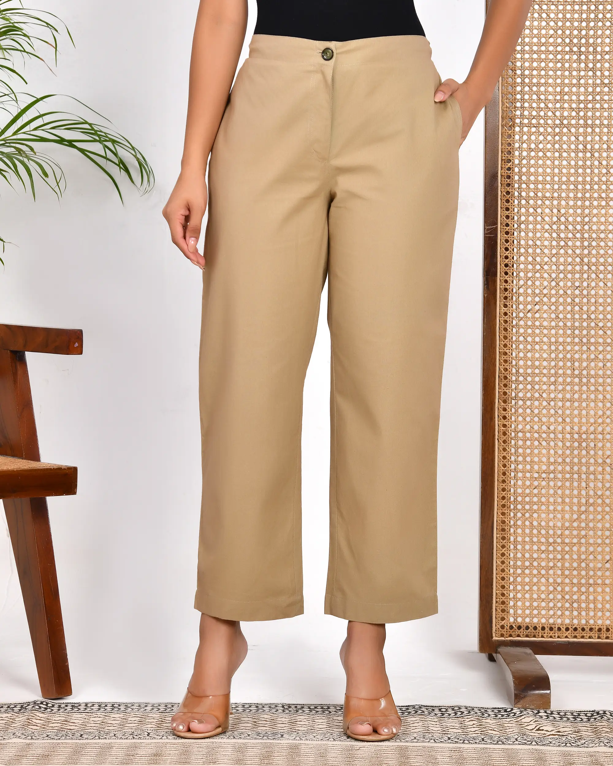 Beige Solid Straight Pants - Image 3