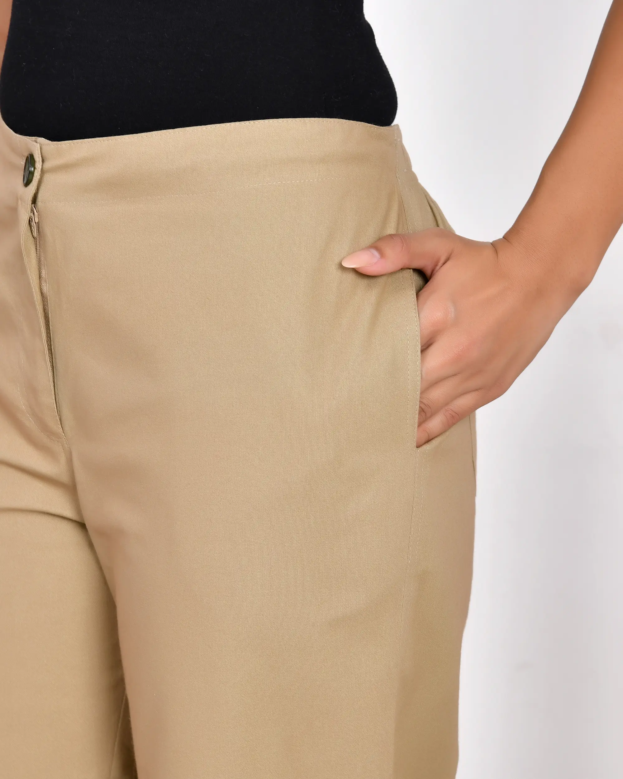 Beige Solid Straight Pants - Image 6