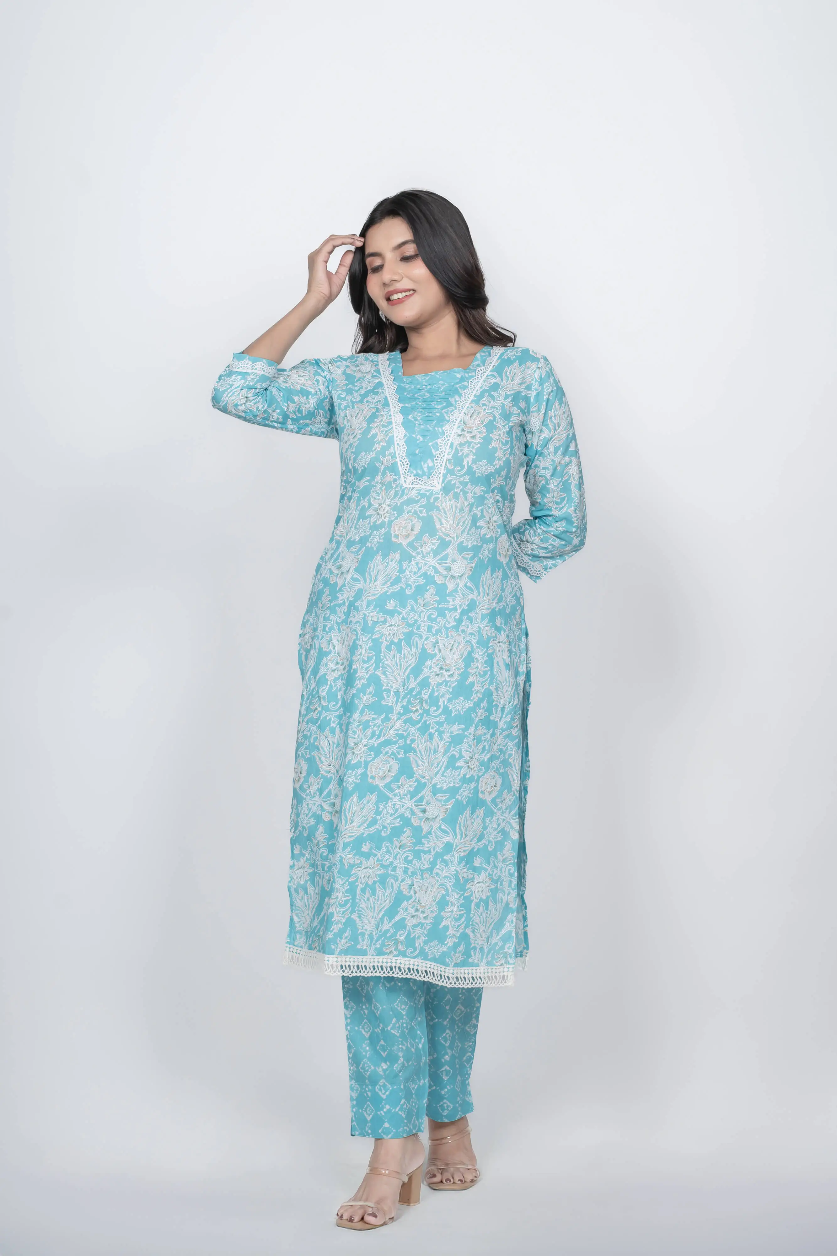 Sky Blue Khadi Print Kurti - Image 6