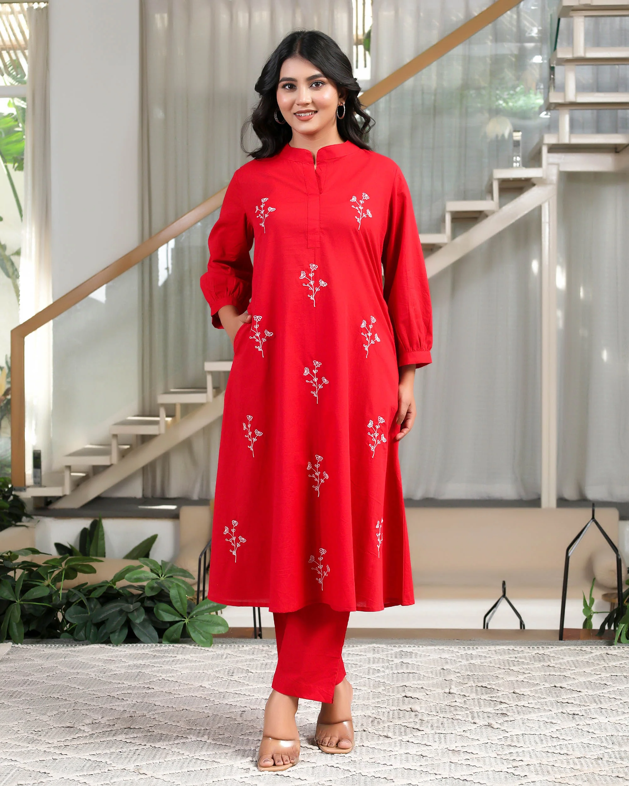 Solid Red Base With Delicate White Floral Embroidery