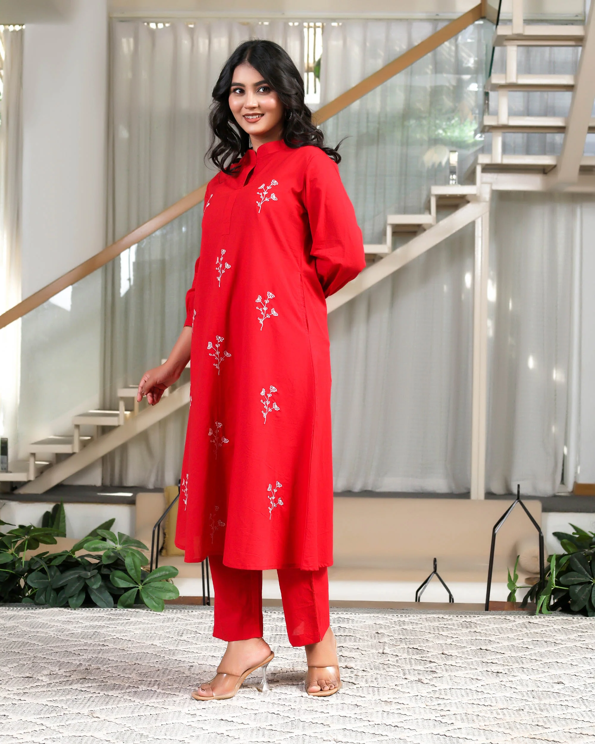 Solid Red Base With Delicate White Floral Embroidery - Image 10