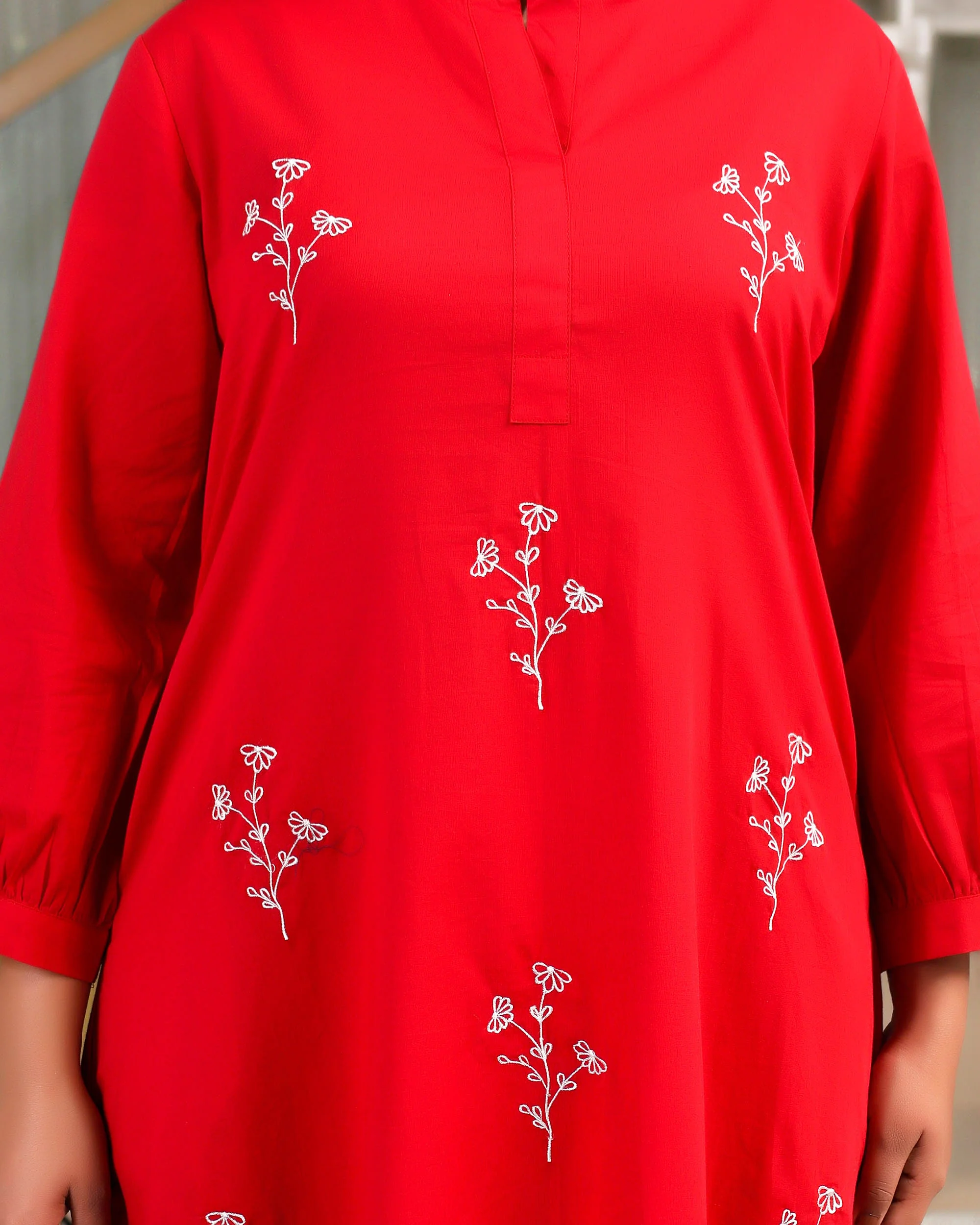 Solid Red Base With Delicate White Floral Embroidery - Image 3