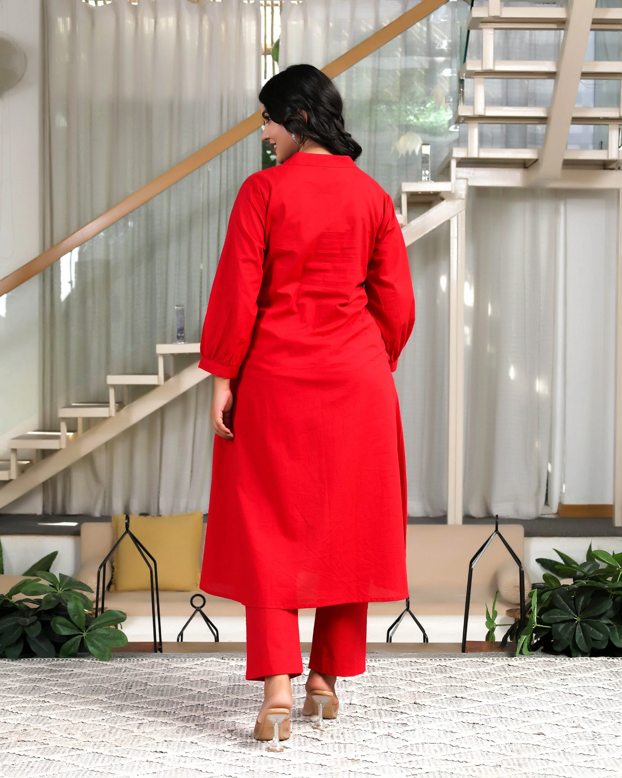 Solid Red Base With Delicate White Floral Embroidery - Image 4