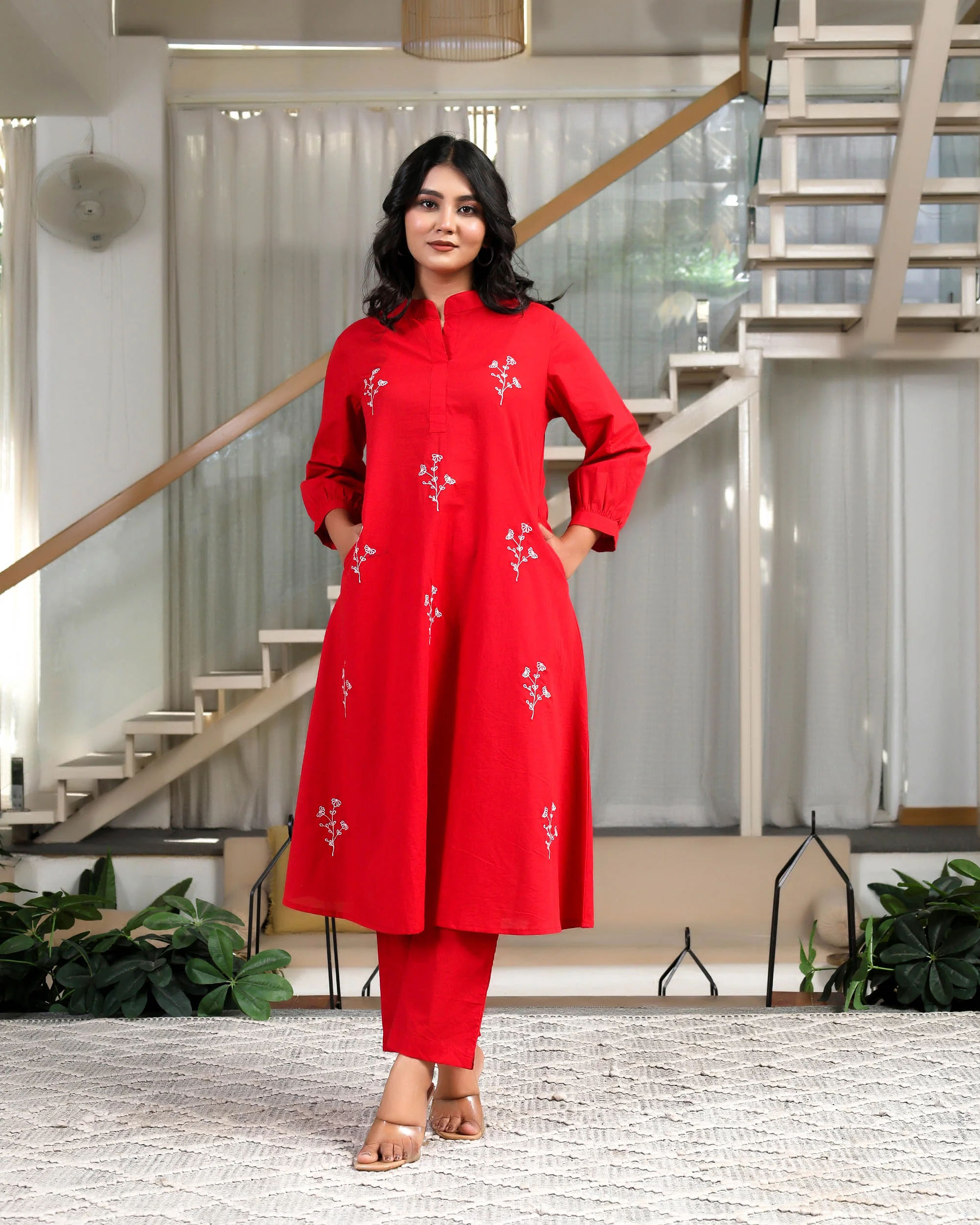 Solid Red Base With Delicate White Floral Embroidery - Image 5