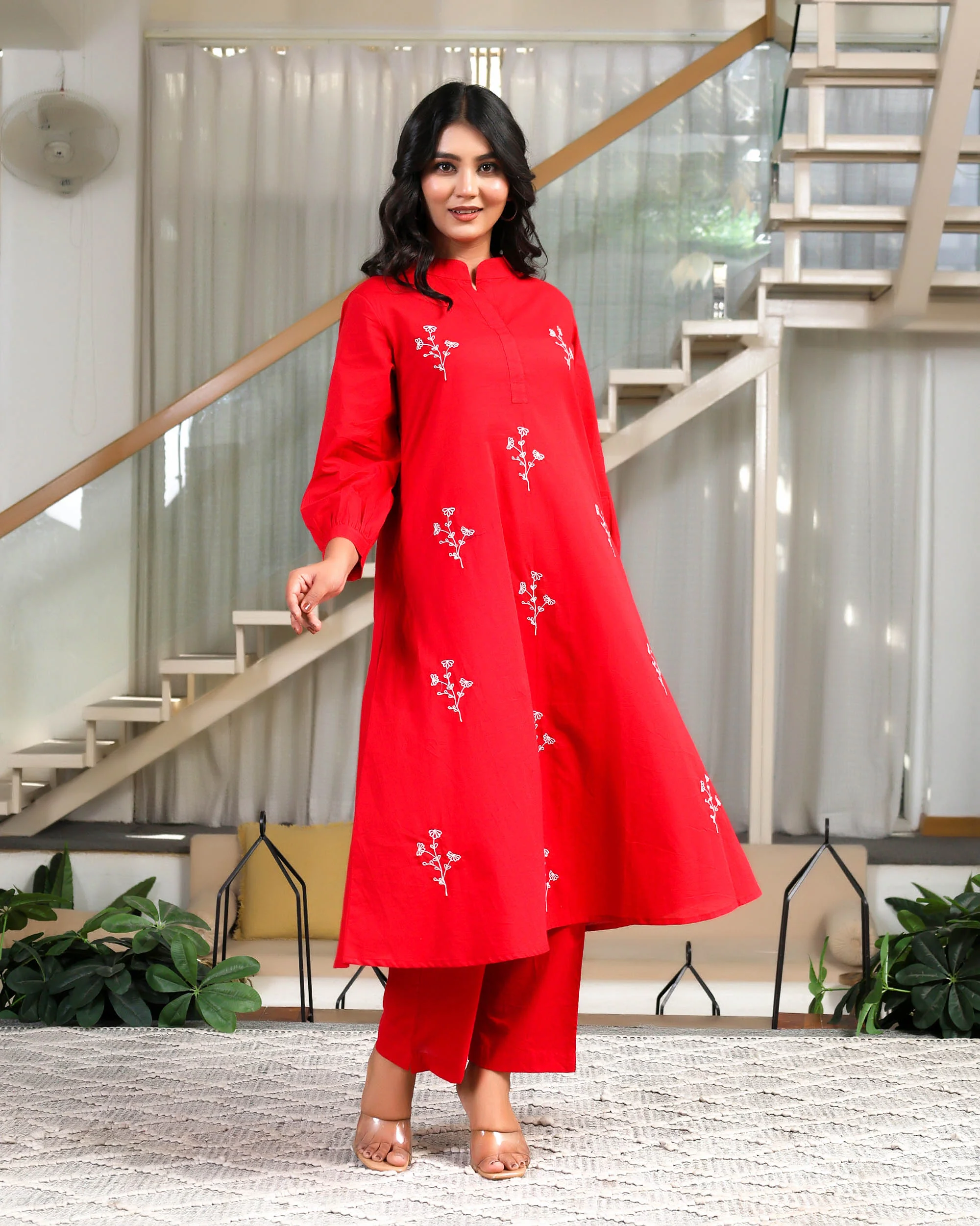 Solid Red Base With Delicate White Floral Embroidery - Image 6