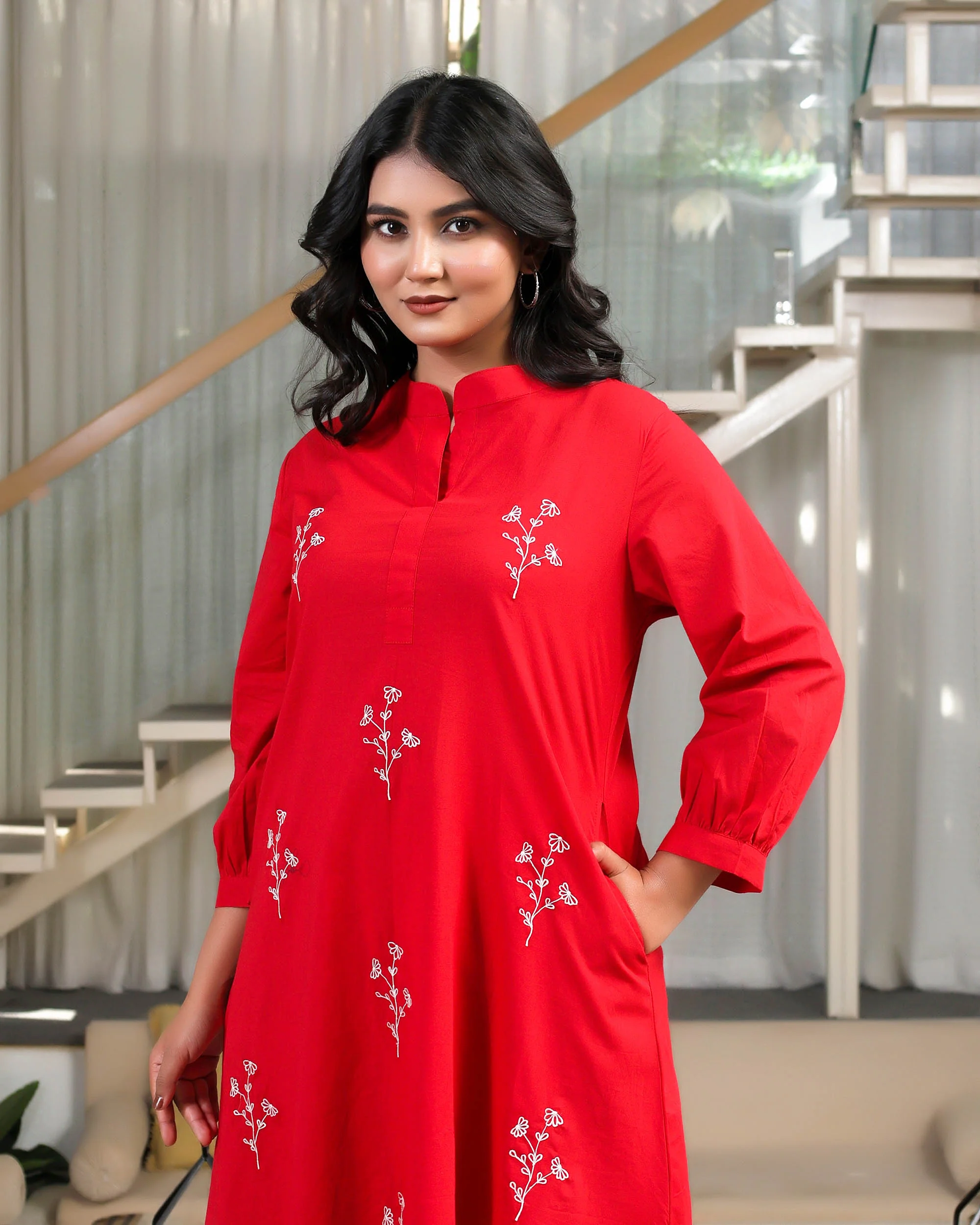 Solid Red Base With Delicate White Floral Embroidery - Image 7