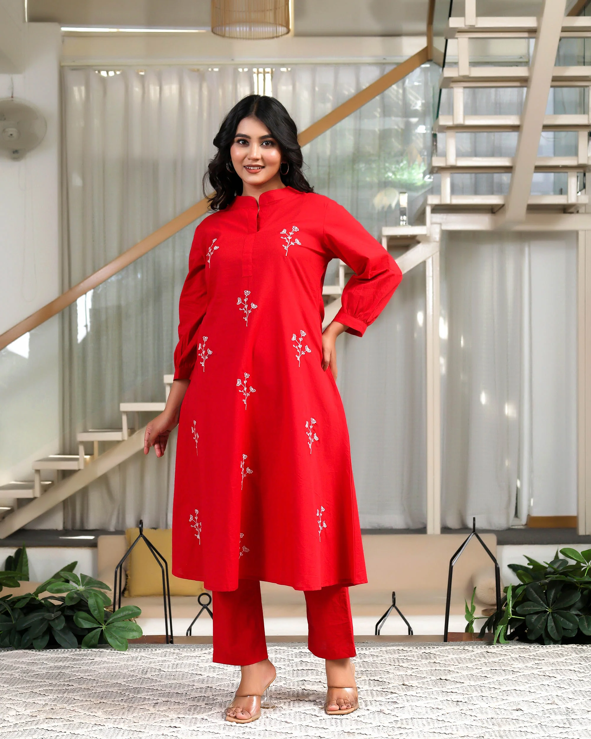 Solid Red Base With Delicate White Floral Embroidery - Image 8