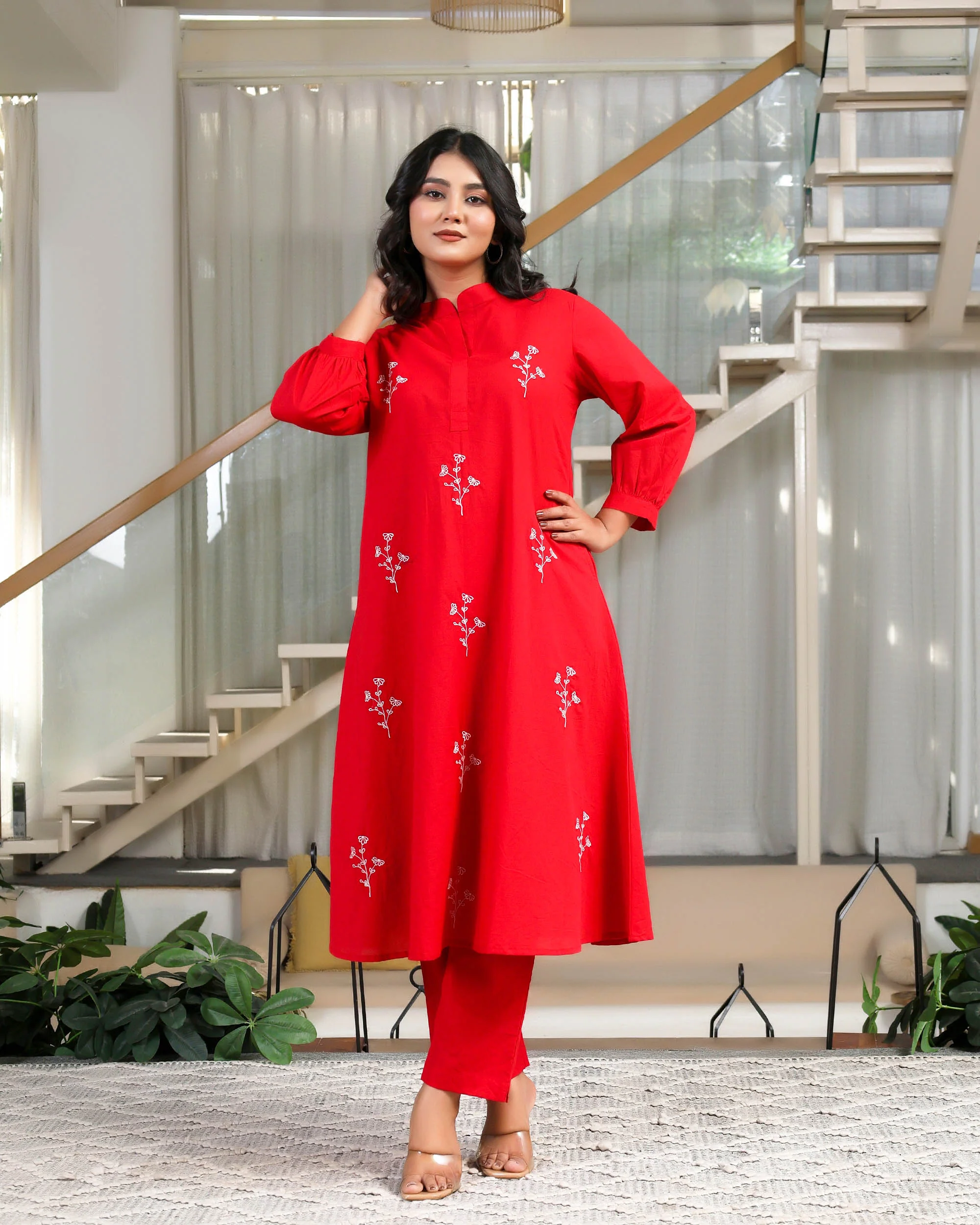 Solid Red Base With Delicate White Floral Embroidery - Image 9
